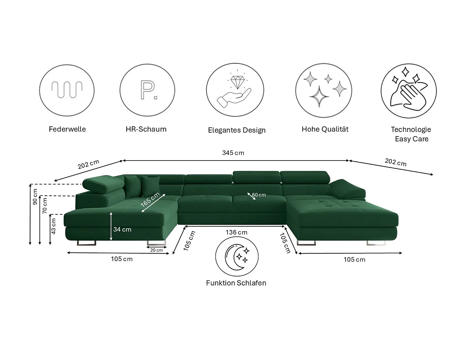 Canapé d'angle en U FALIO II avec fonction couchage, tissu Noel, vert foncé, gauche