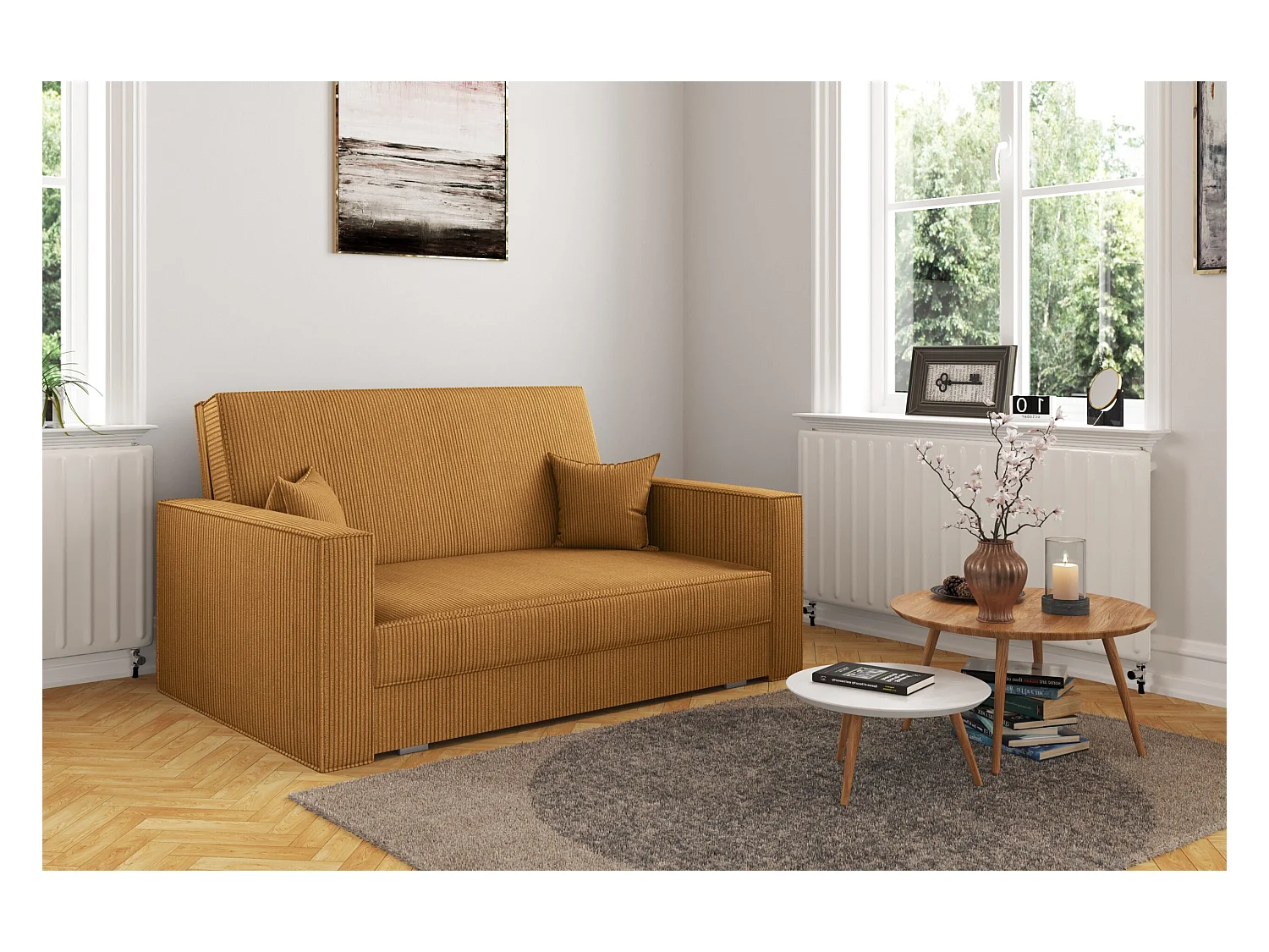 Klassisches Sofa, Schlaffunktion, AMERICA - Stoff Poso Senffarbe