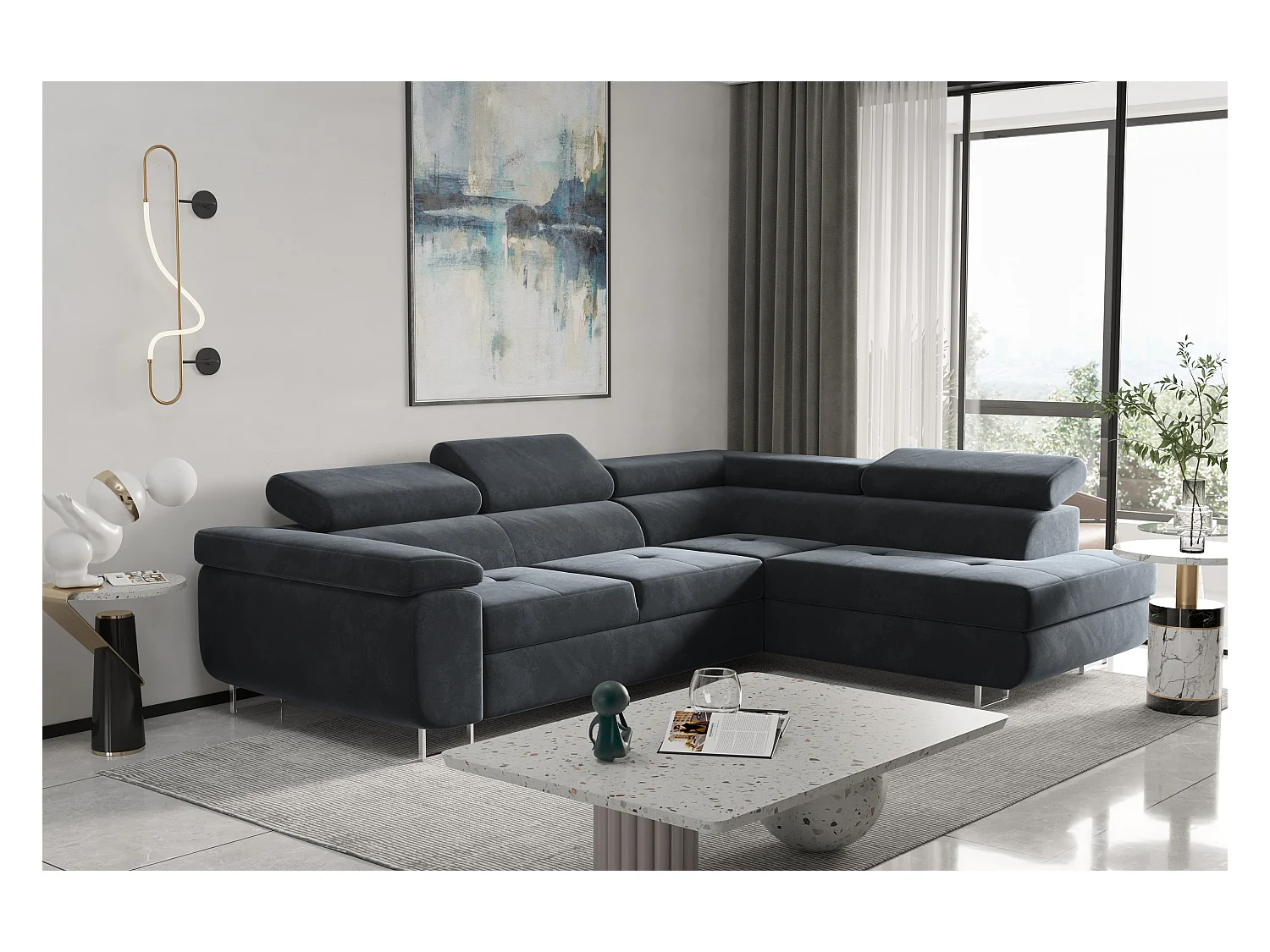 Canapé d'angle ATOM avec fonction couchage, tissu Monolith, anthracite, droit