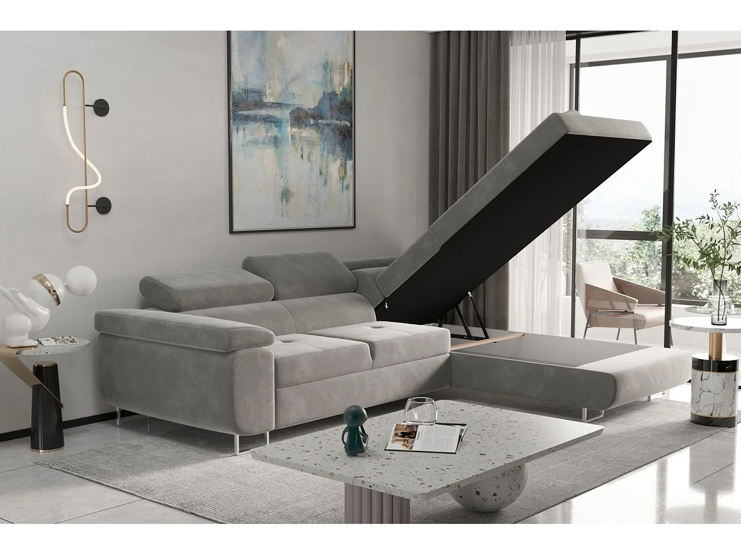 Canapé d'angle ATOM avec fonction couchage, tissu Monolith, anthracite, droit