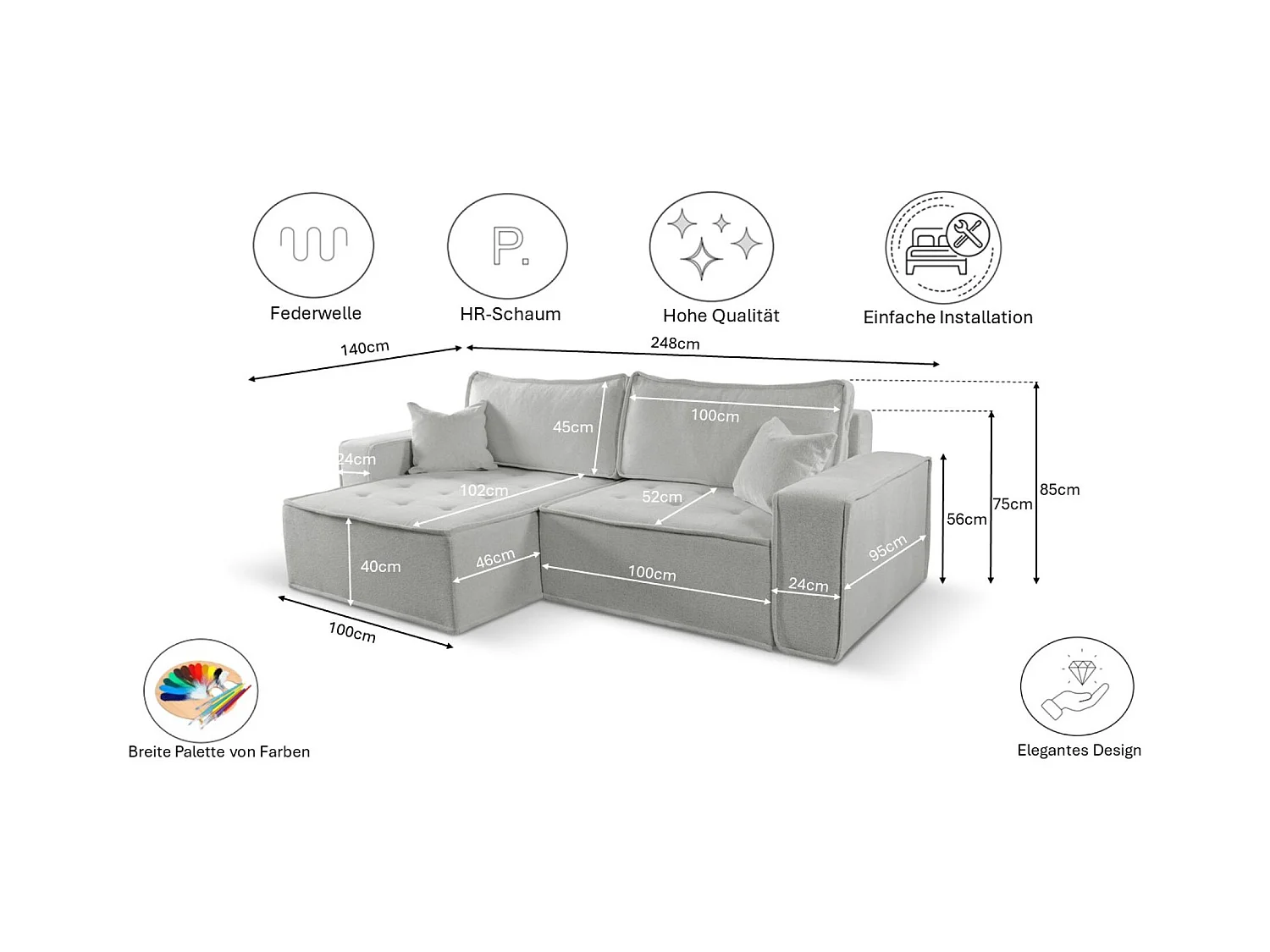 Canapé d'angle Bohoo en L avec convertible, tissu Raven, beige foncé, droite