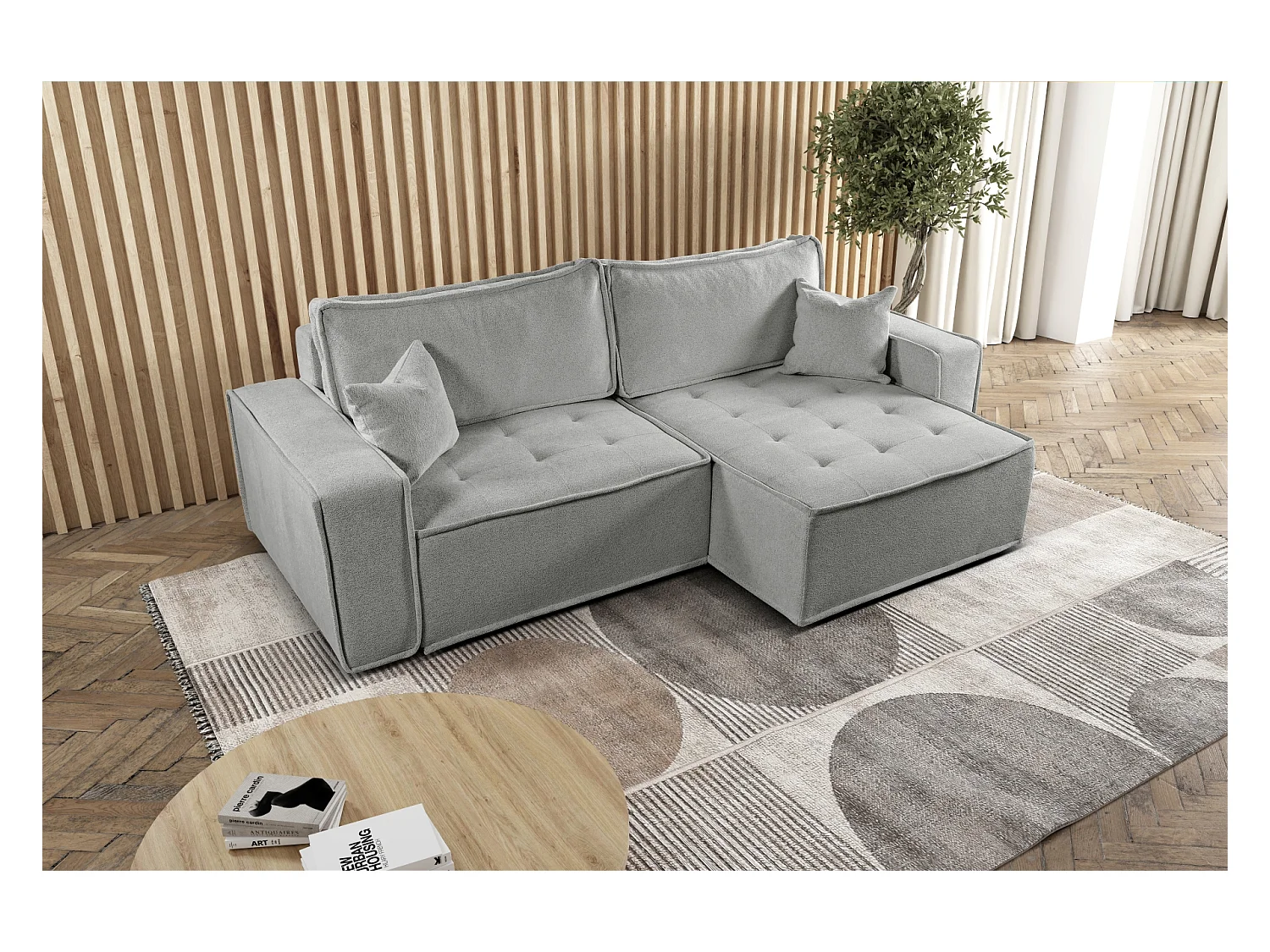 L-förmiges Bohoo-Ecksofa mit Schlaffunktion, Stoff Raven, Dunkelbeige, Rechts