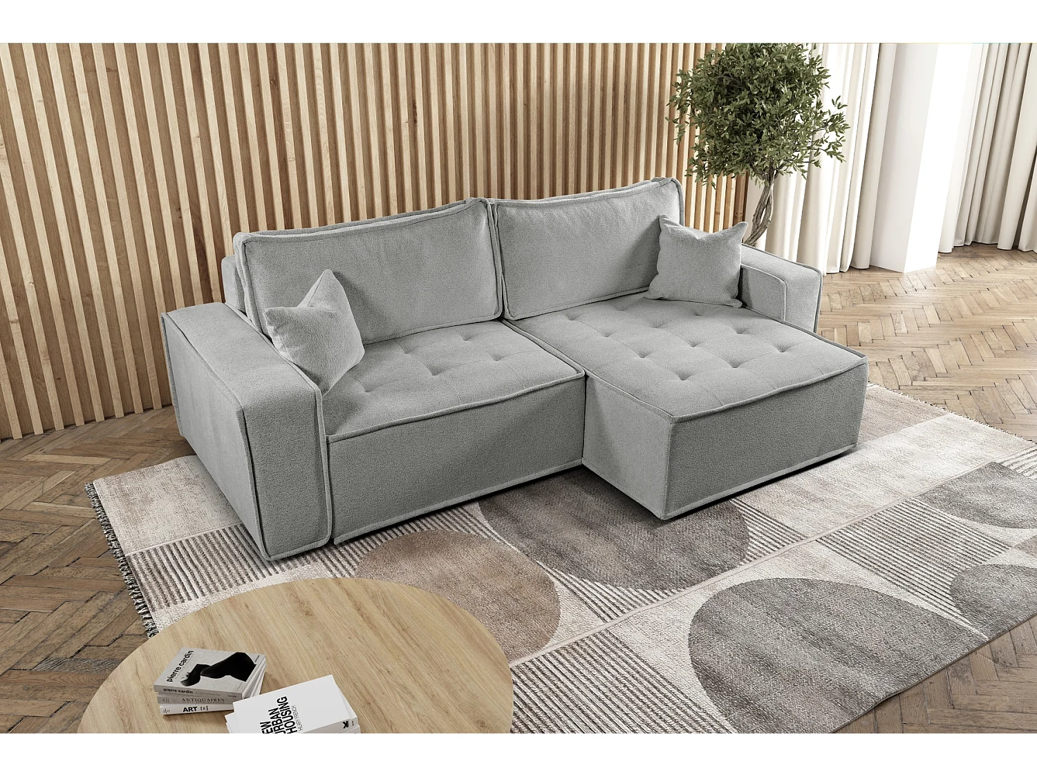 Canapé d'angle Bohoo en L avec convertible, tissu Raven, beige foncé, droite