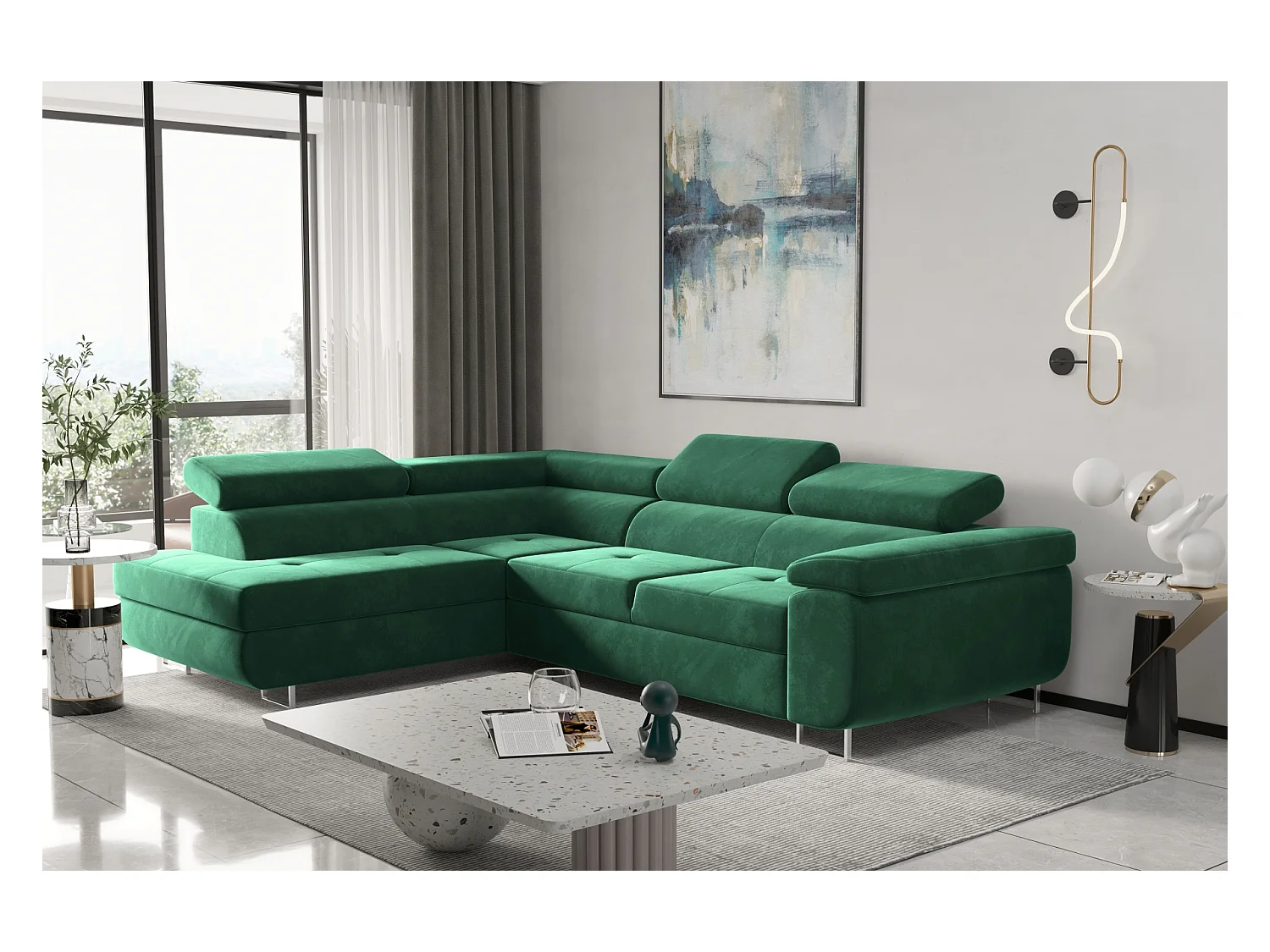 Canapé d'angle ATOM avec fonction couchage, tissu Monolith, vert, gauche
