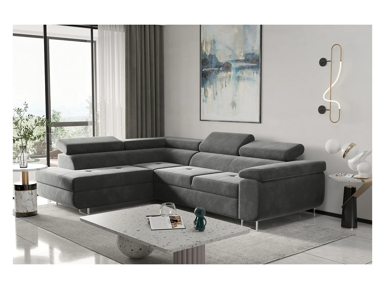 Canapé d'angle ATOM avec fonction couchage, tissu Monolith, gris, gauche