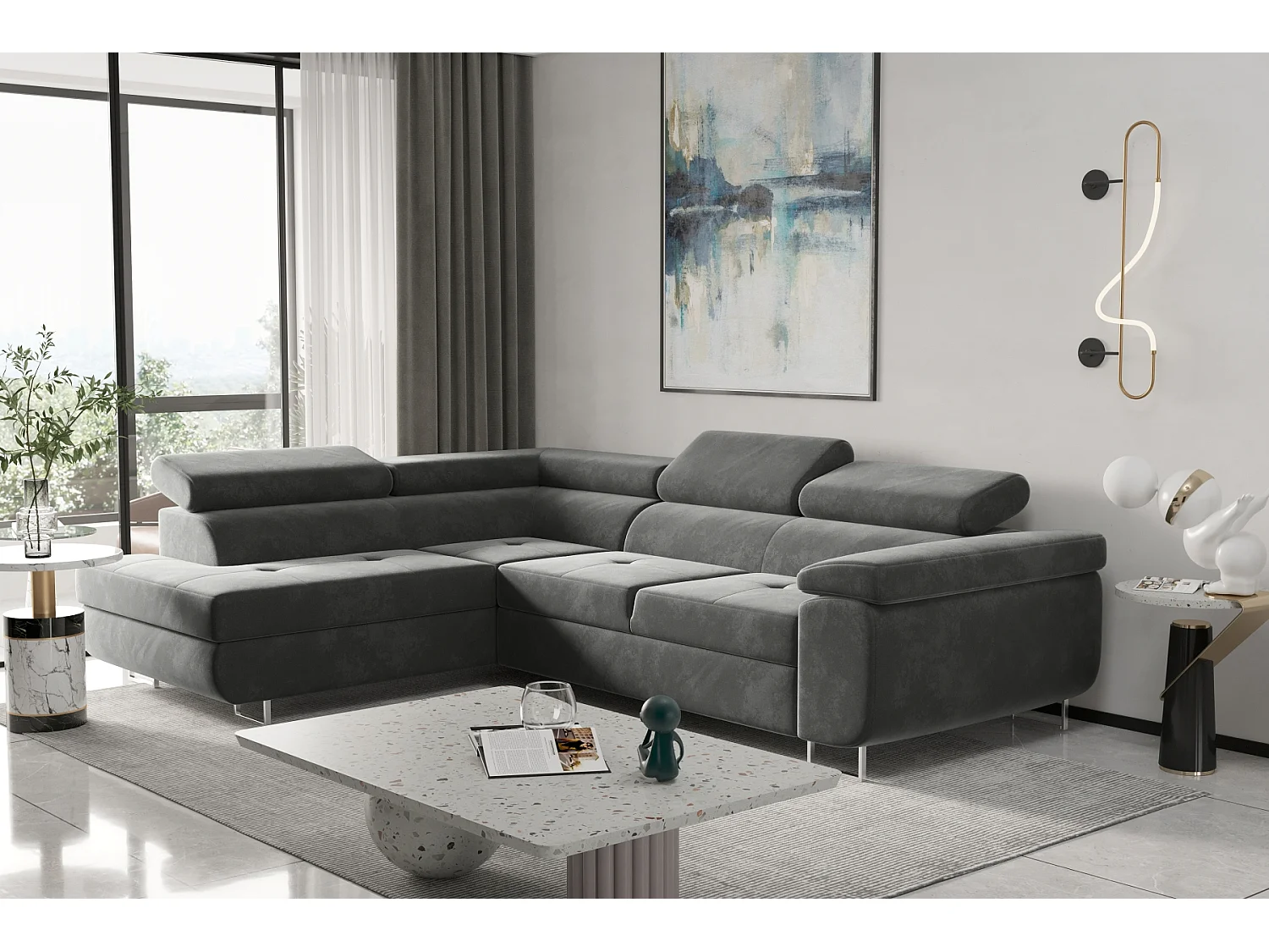 Canapé d'angle ATOM avec fonction couchage, tissu Monolith, gris, gauche