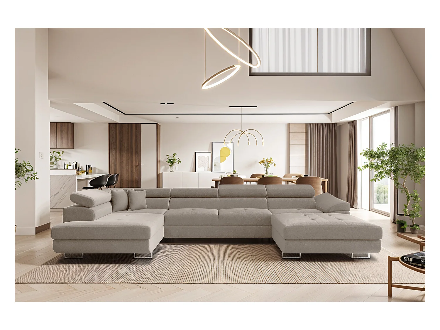 Canapé d'angle FALIO II en U avec fonction couchage, tissu Noel, beige froid, gauche