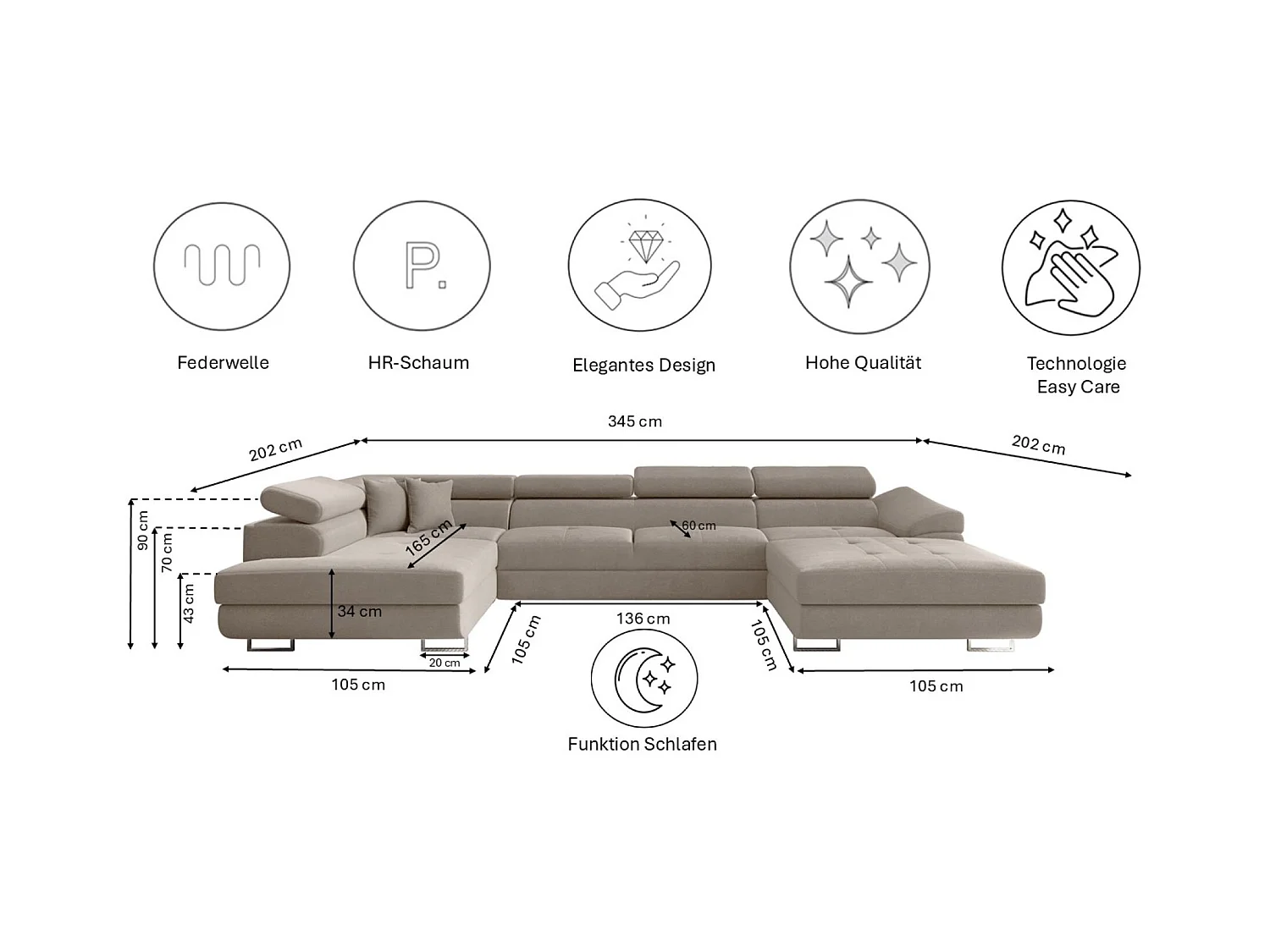 Canapé d'angle FALIO II en U avec fonction couchage, tissu Noel, beige froid, gauche