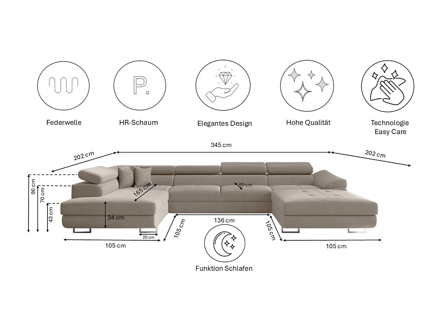 Canapé d'angle FALIO II en U avec fonction couchage, tissu Noel, beige froid, gauche