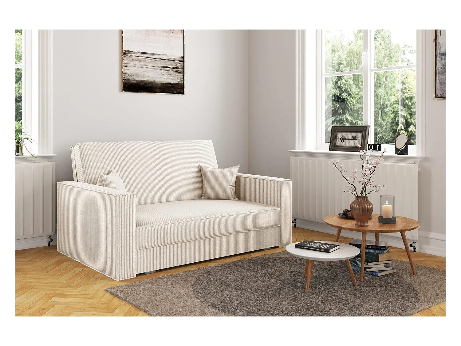 Klassisches Sofa, Schlaffunktion, AMERICA - Stoff Poso Ecru