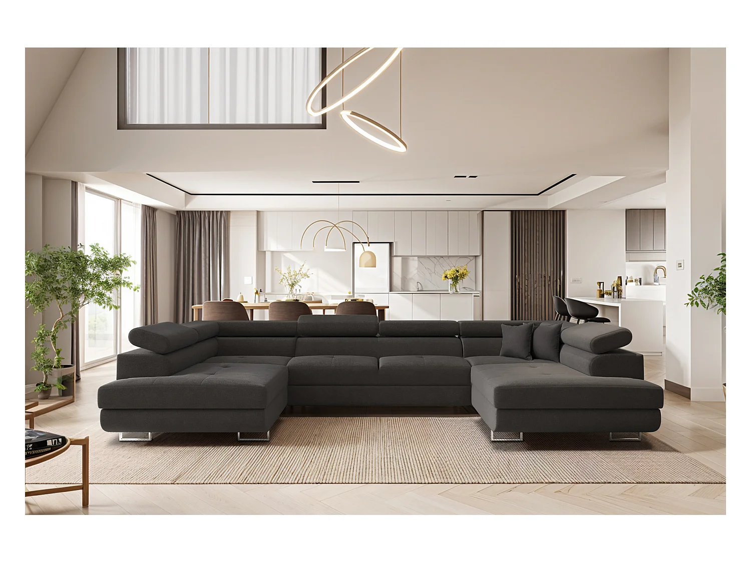 Canapé d'angle en U FALIO avec fonction couchage, tissu Noel, graphite