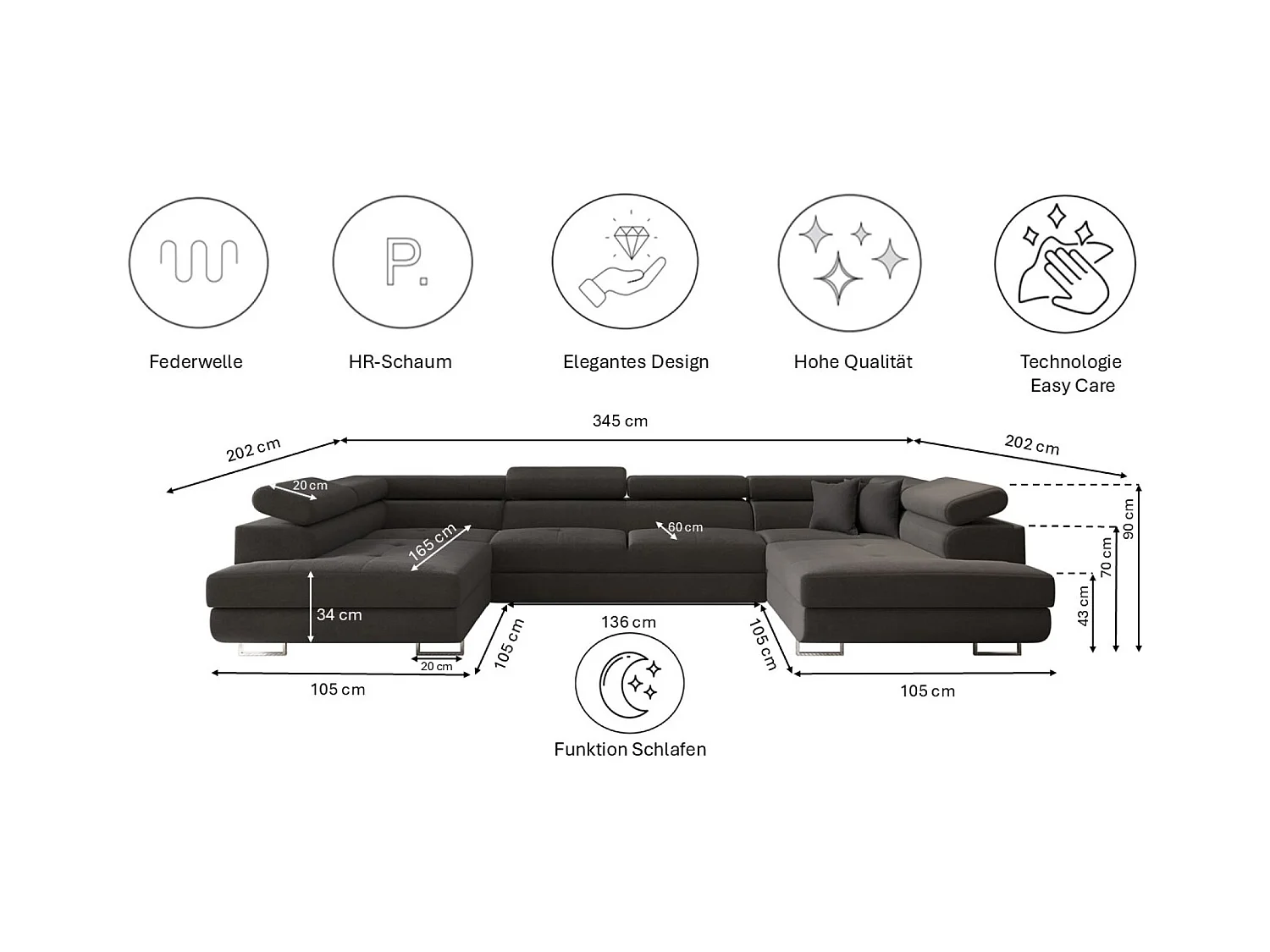 Canapé d'angle en U FALIO avec fonction couchage, tissu Noel, graphite