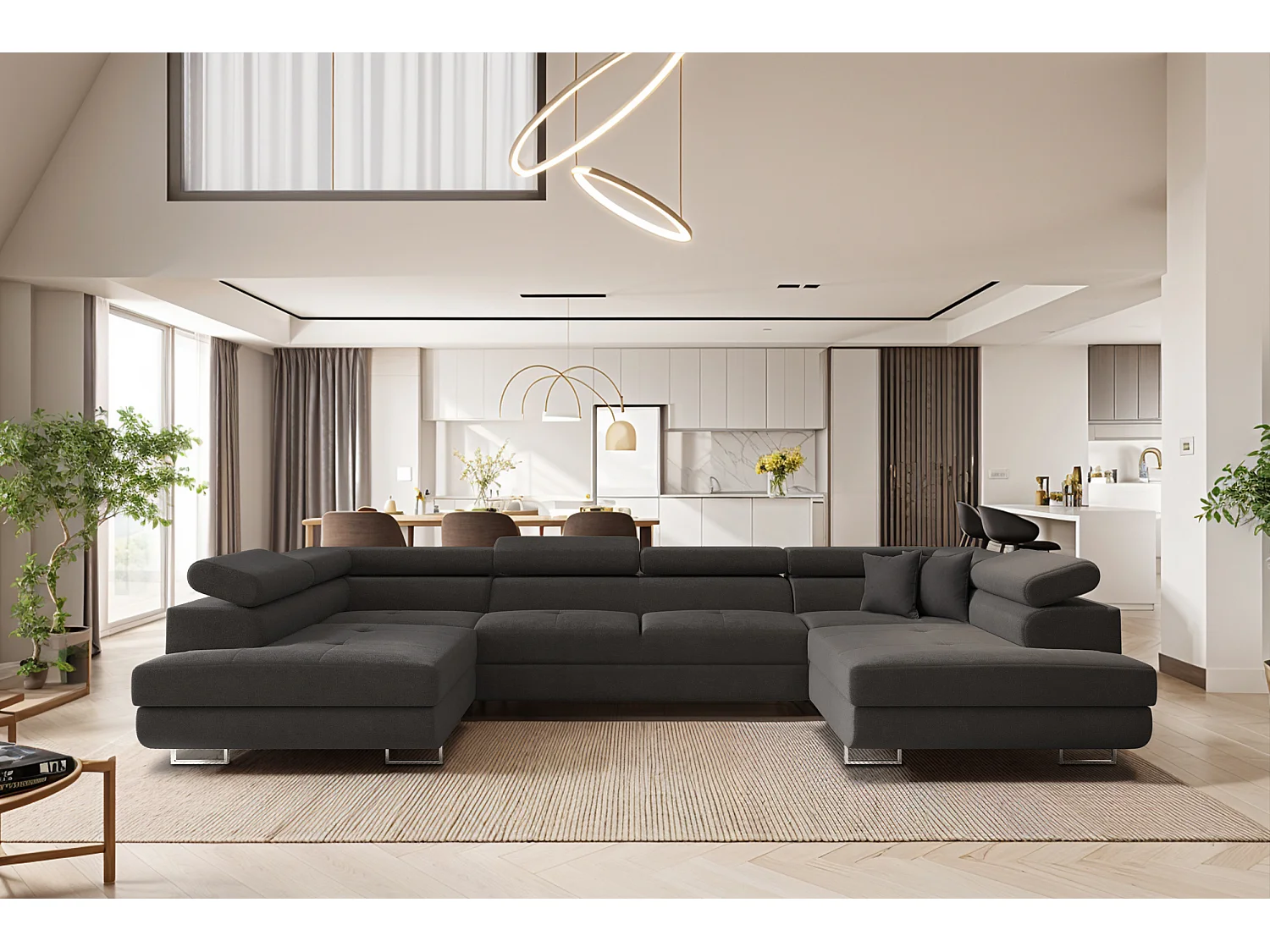 Canapé d'angle en U FALIO avec fonction couchage, tissu Noel, graphite