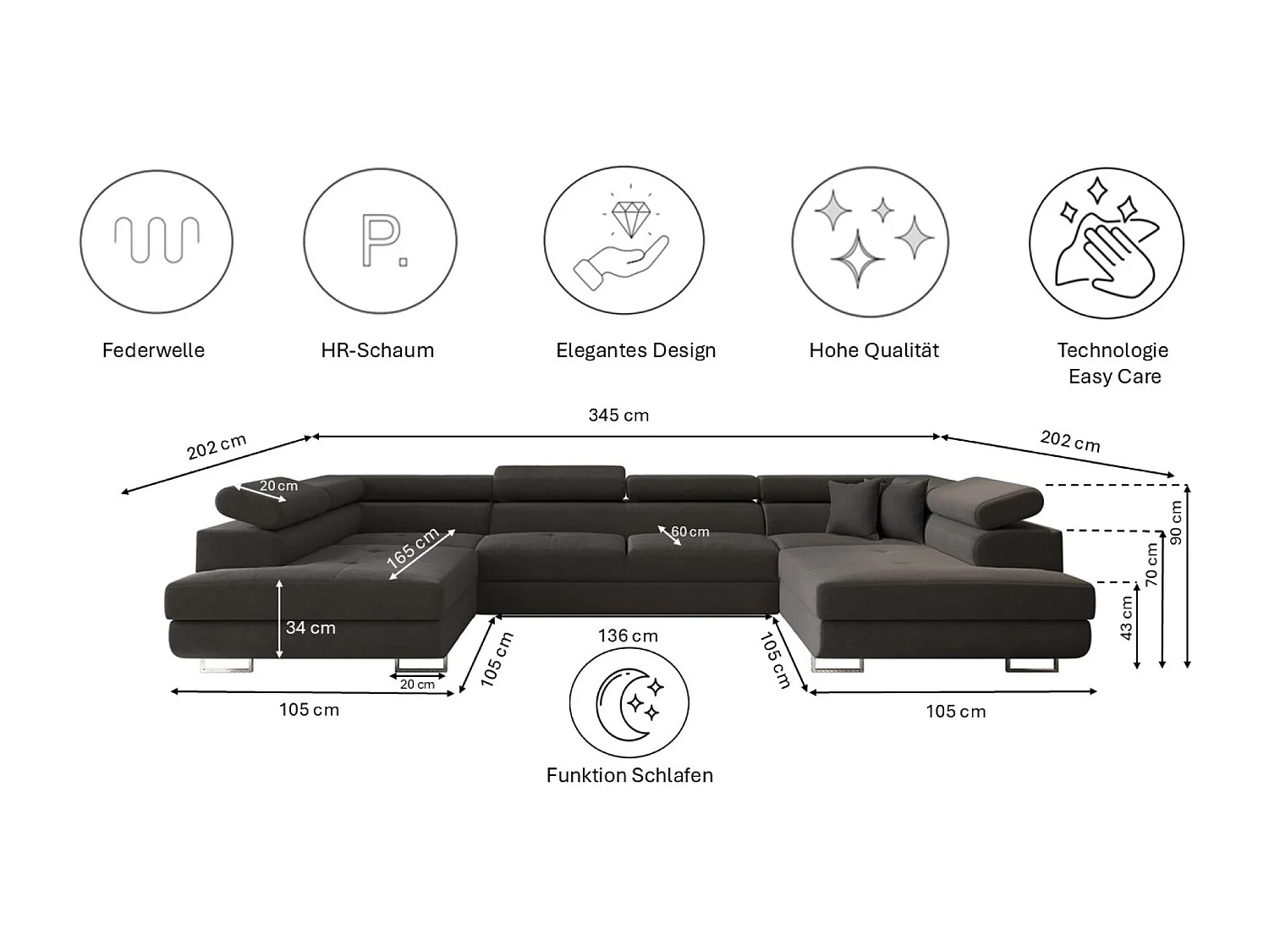 Canapé d'angle en U FALIO avec fonction couchage, tissu Noel, graphite