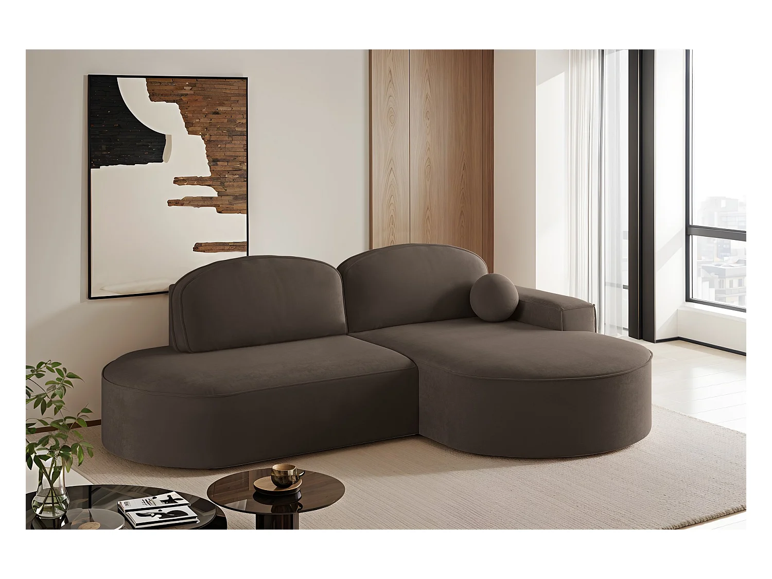 Canapé d'angle avec fonction couchage et coffre de lit Modena Round tissu Salvador Dark Brown Right