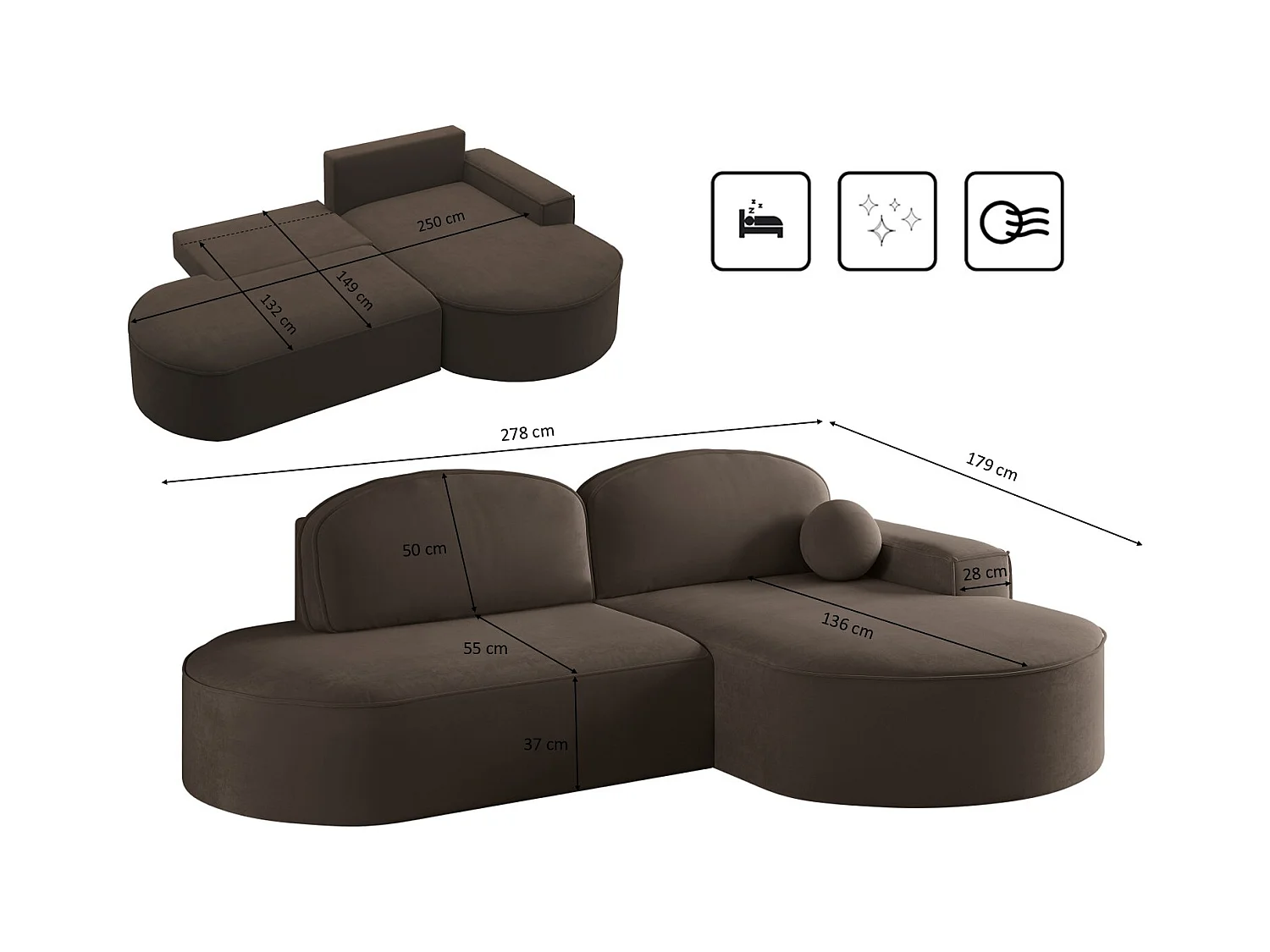 Canapé d'angle avec fonction couchage et coffre de lit Modena Round tissu Salvador Dark Brown Right