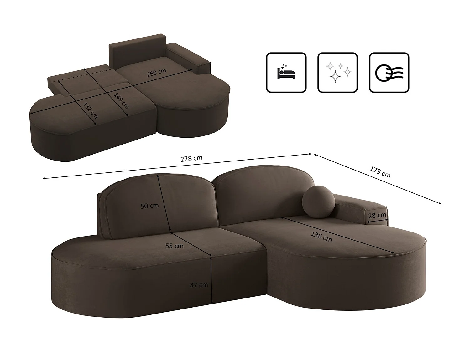Canapé d'angle avec fonction couchage et coffre de lit Modena Round tissu Salvador Dark Brown Right