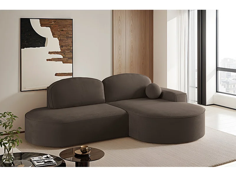 Canapé d'angle avec fonction couchage et coffre de lit Modena Round tissu Salvador Dark Brown Right