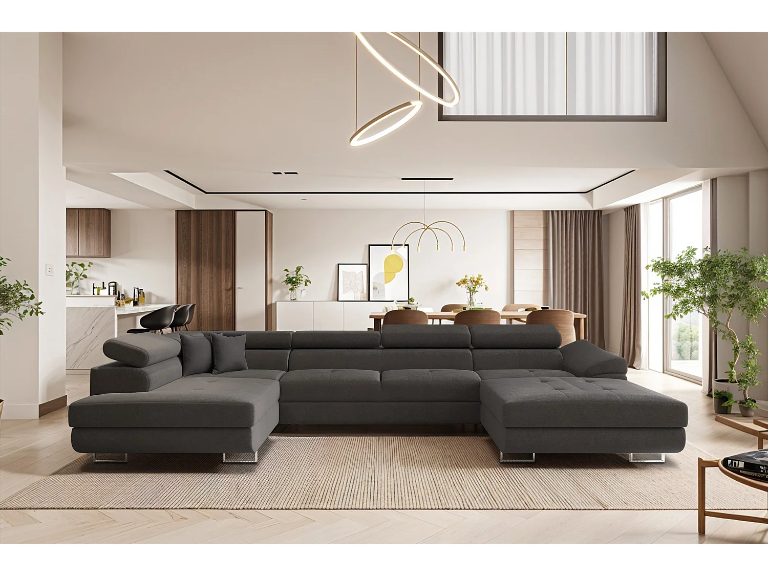 Canapé d'angle FALIO II en U avec fonction couchage, tissu Noel, graphite, gauche