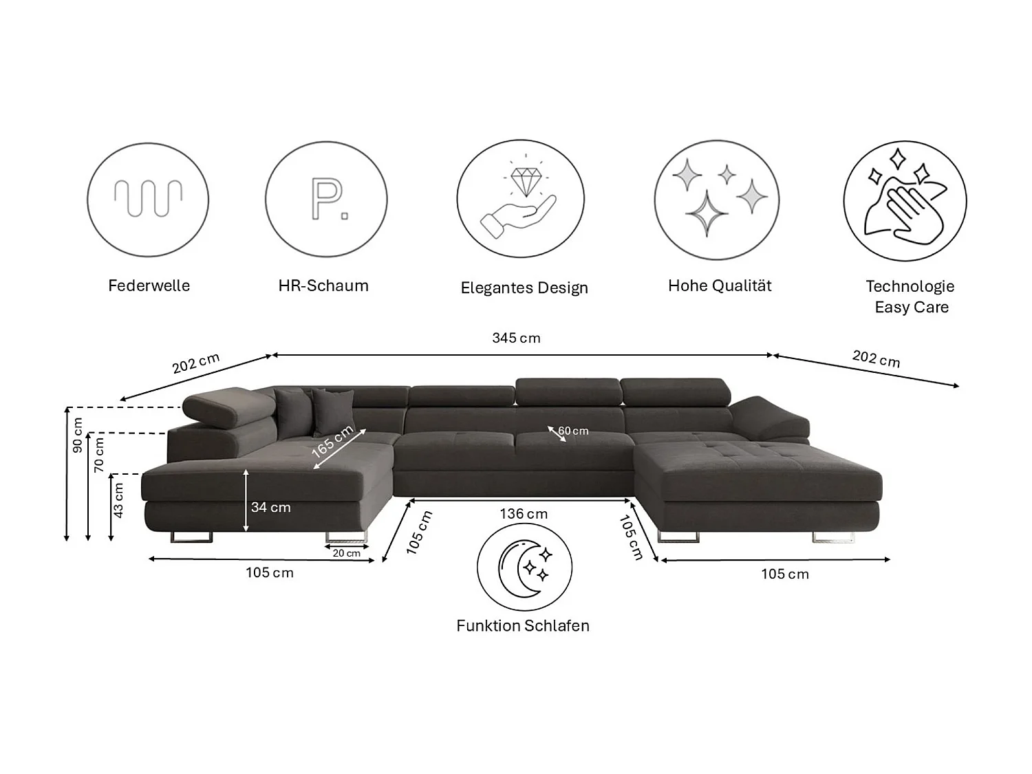 Canapé d'angle FALIO II en U avec fonction couchage, tissu Noel, graphite, gauche