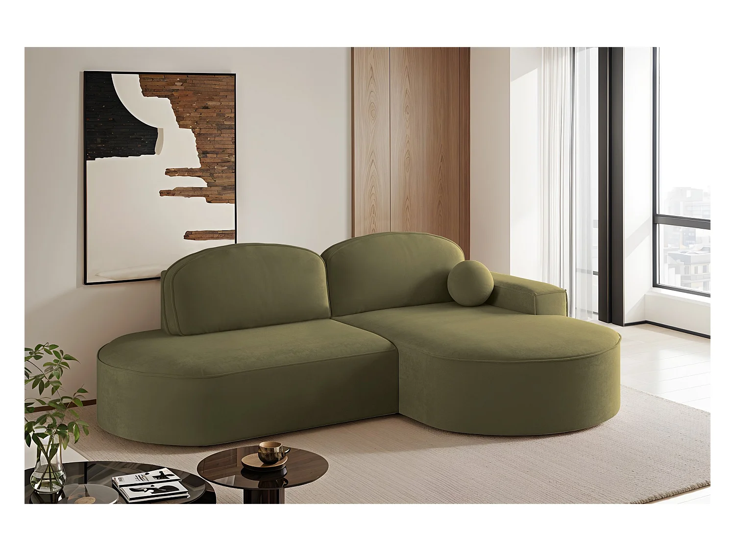 Canapé d'angle avec fonction couchage et coffre de lit Modena Round tissu Salvador Olive Droite