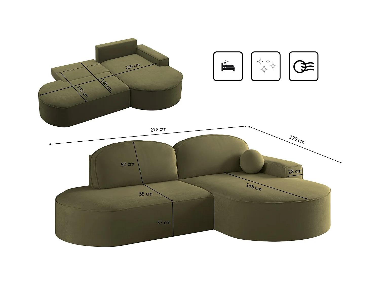 Canapé d'angle avec fonction couchage et coffre de lit Modena Round tissu Salvador Olive Droite