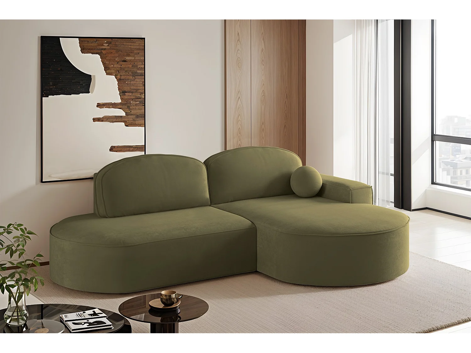 Canapé d'angle avec fonction couchage et coffre de lit Modena Round tissu Salvador Olive Droite
