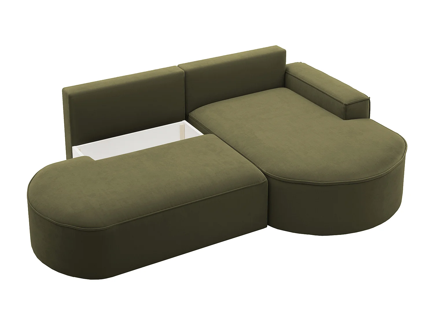 Canapé d'angle avec fonction couchage et coffre de lit Modena Round tissu Salvador Olive Droite