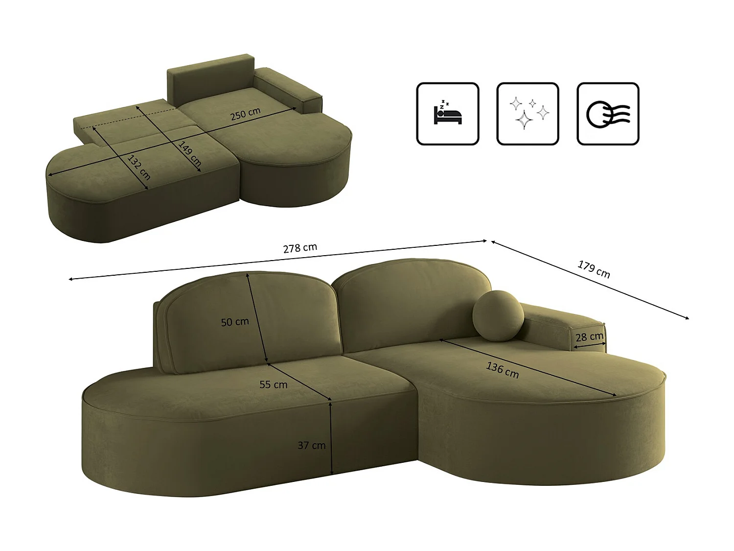 Canapé d'angle avec fonction couchage et coffre de lit Modena Round tissu Salvador Olive Droite