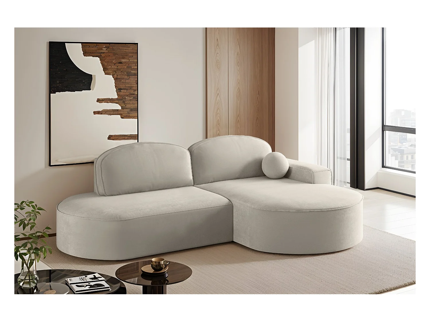 Canapé d'angle avec fonction couchage et coffre de lit Modena Round tissu Salvador Gris Clair Droite