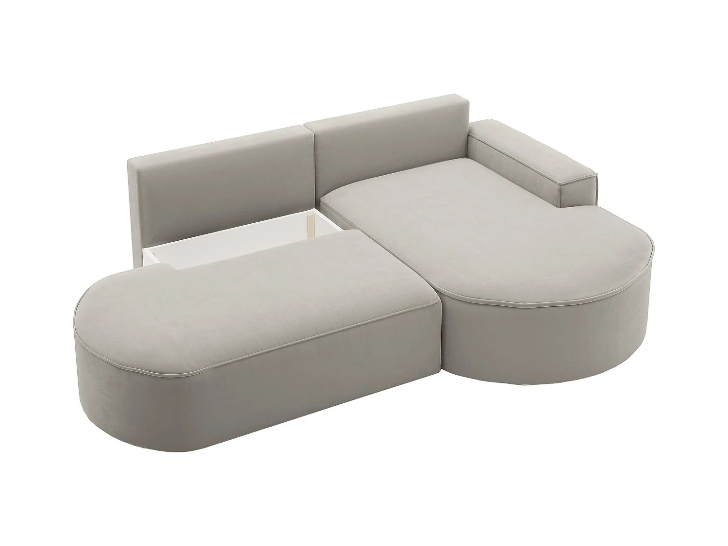Canapé d'angle avec fonction couchage et coffre de lit Modena Round tissu Salvador Gris Clair Droite