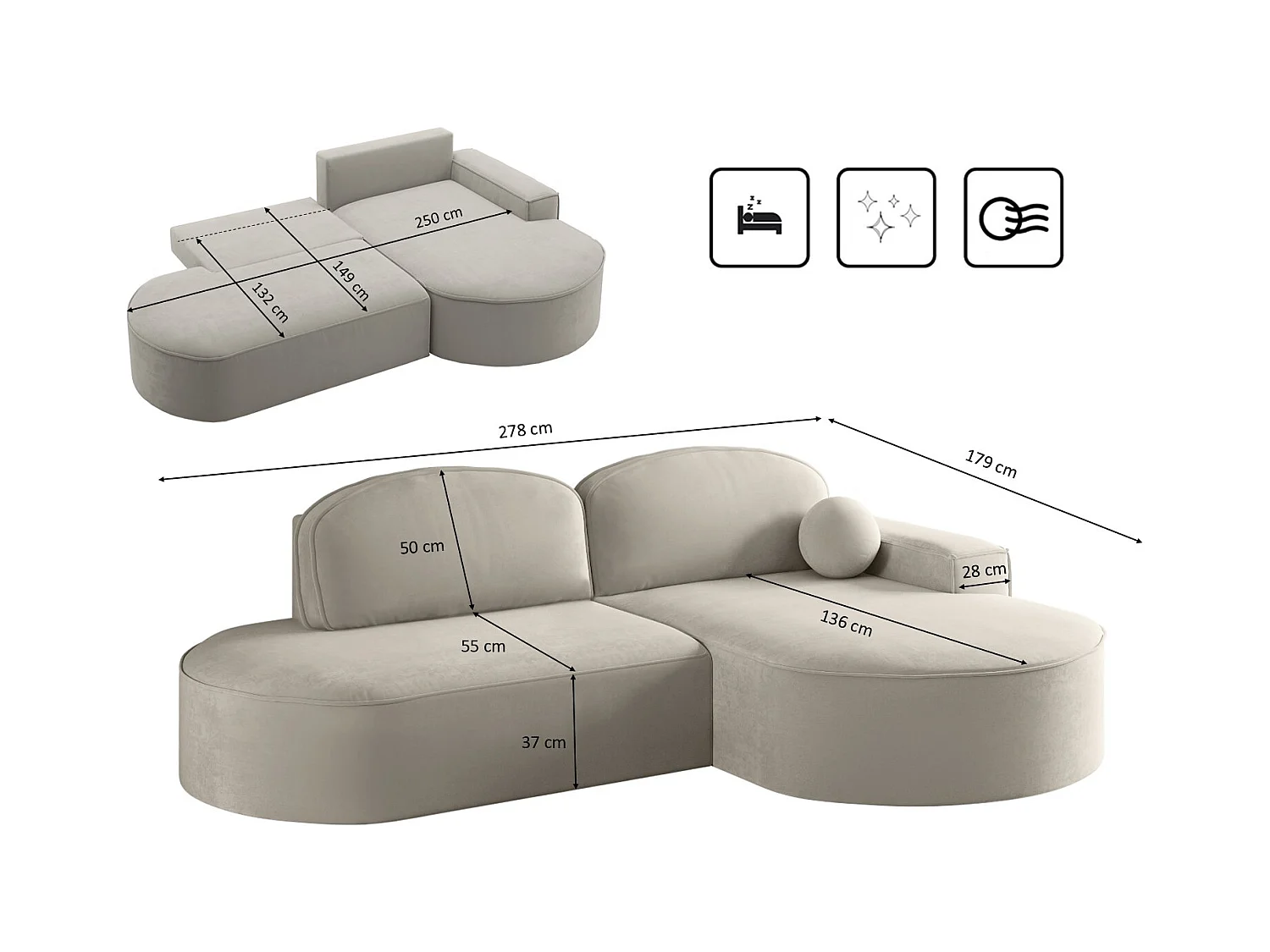 Canapé d'angle avec fonction couchage et coffre de lit Modena Round tissu Salvador Gris Clair Droite