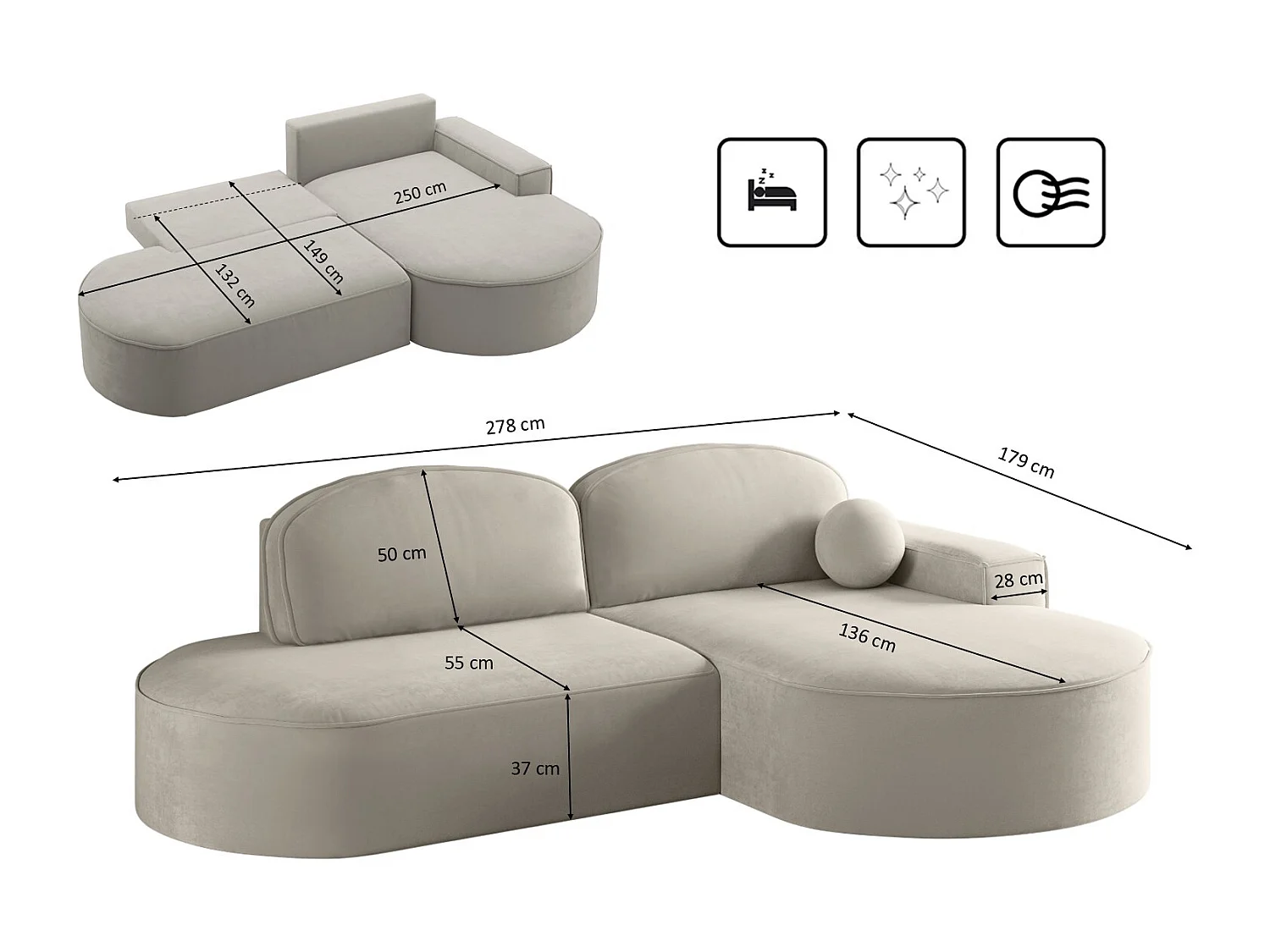 Ecksofa mit Schlaffunktion und Bettkasten Modena Runden stoff Salvador Hellgrau Rechts