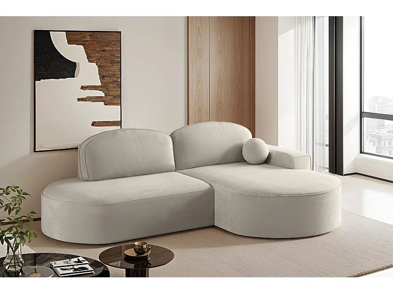 Canapé d'angle avec fonction couchage et coffre de lit Modena Round tissu Salvador Gris Clair Droite