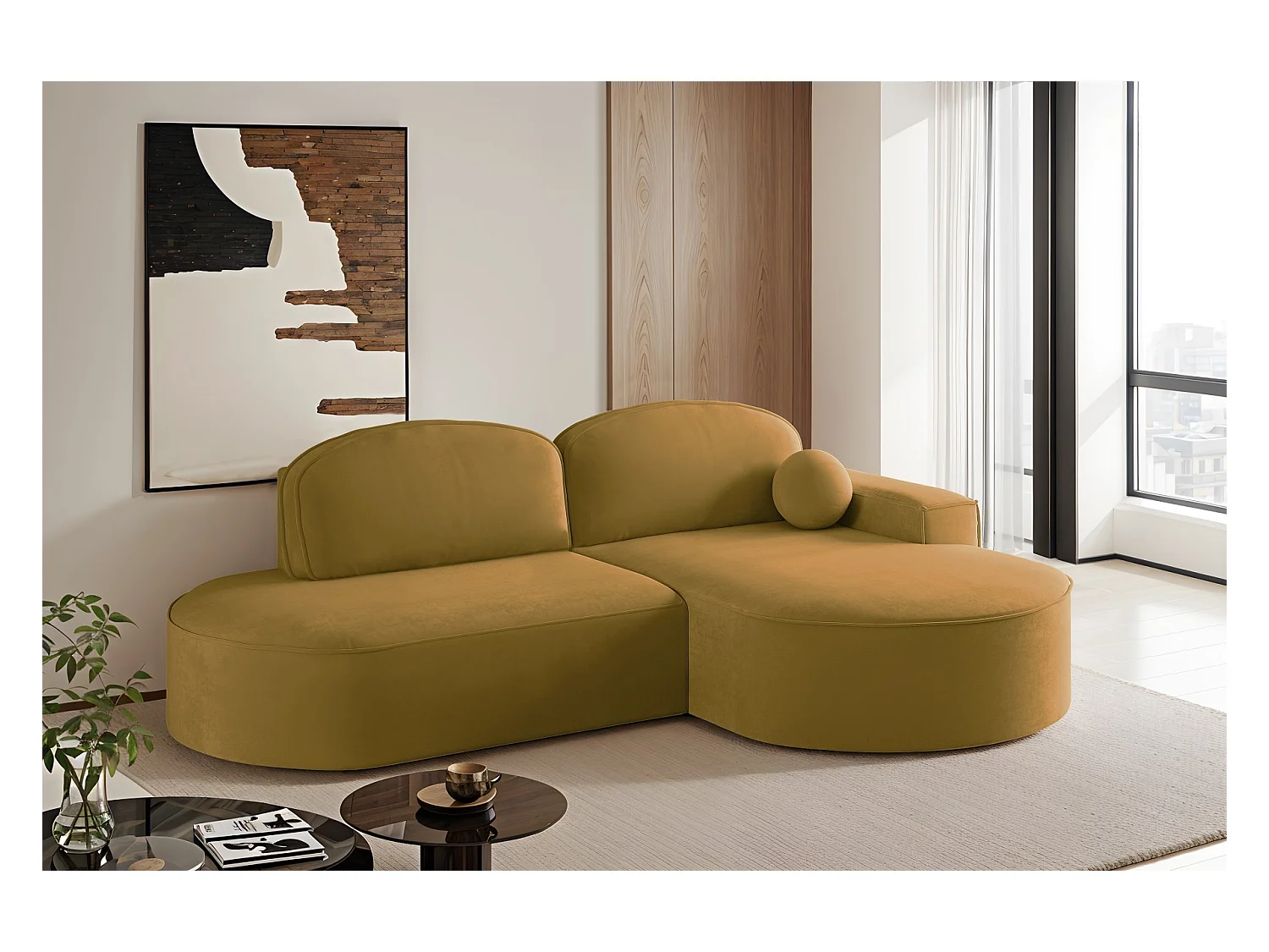 Canapé d'angle avec fonction couchage et coffre de lit Modena Round tissu Salvador Jaune Droite