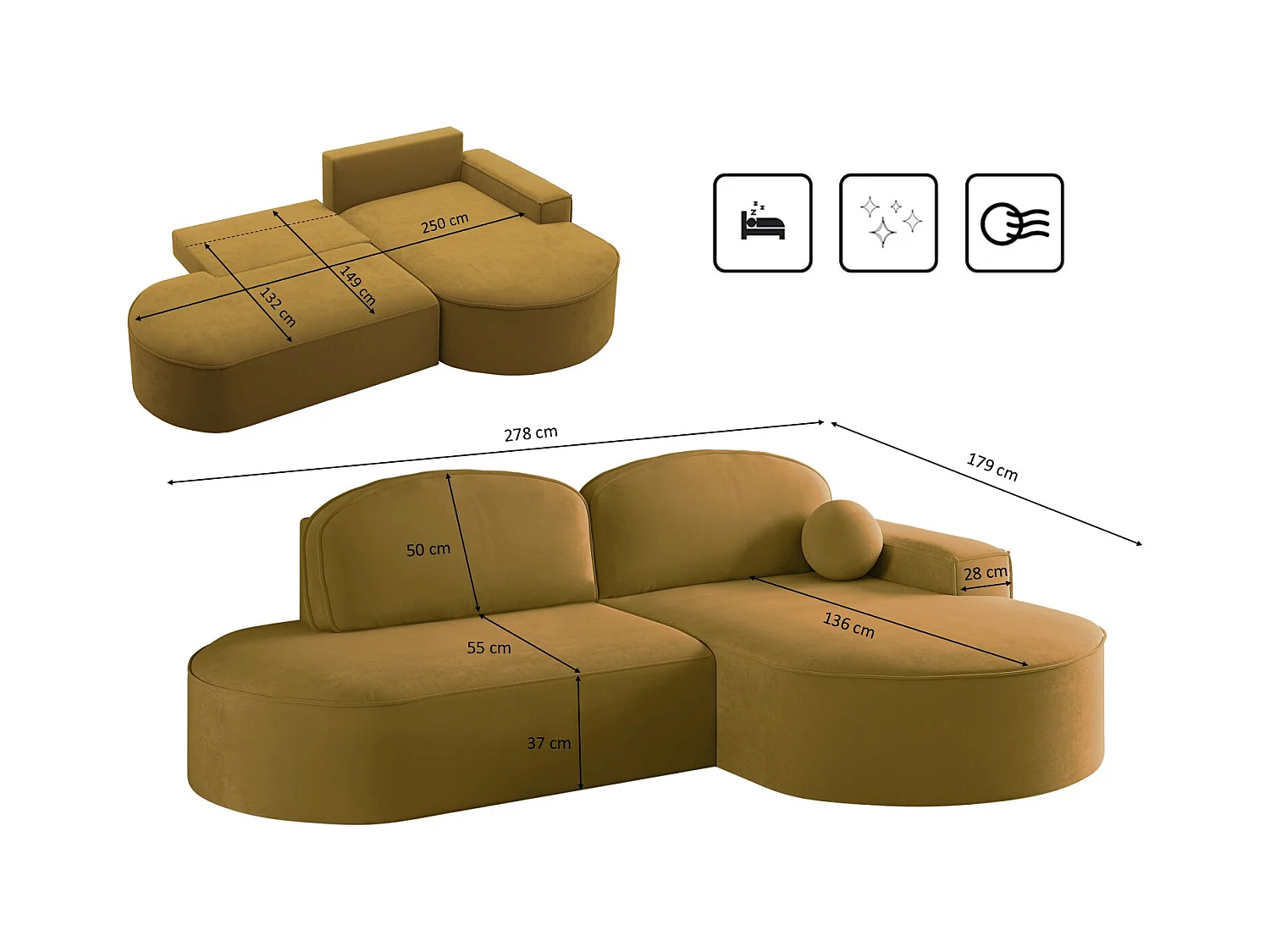 Canapé d'angle avec fonction couchage et coffre de lit Modena Round tissu Salvador Jaune Droite