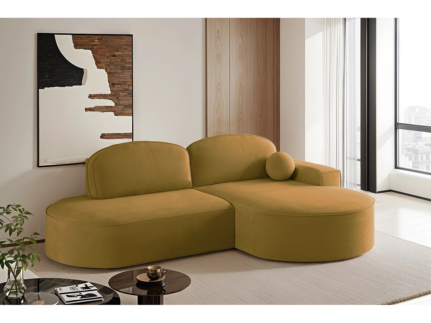 Canapé d'angle avec fonction couchage et coffre de lit Modena Round tissu Salvador Jaune Droite