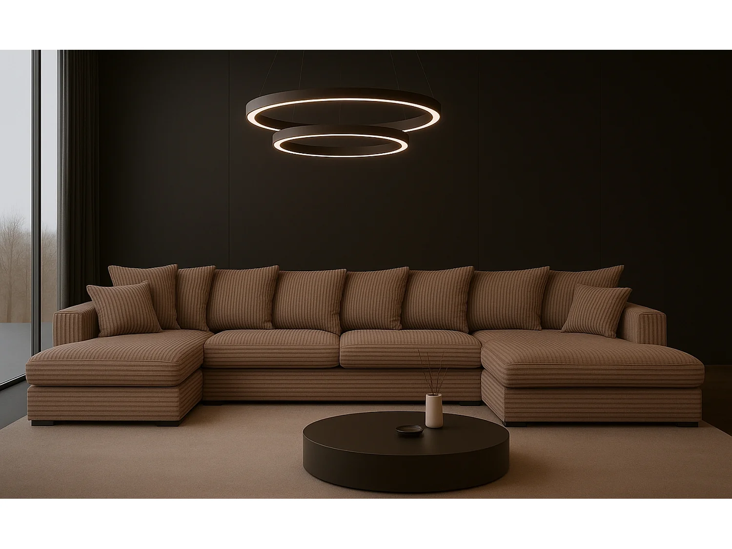 Canapé d'angle avec fonction couchage et coffre de lit, Canapé en U, Canapé en U tissu Gabon Zoom Marron