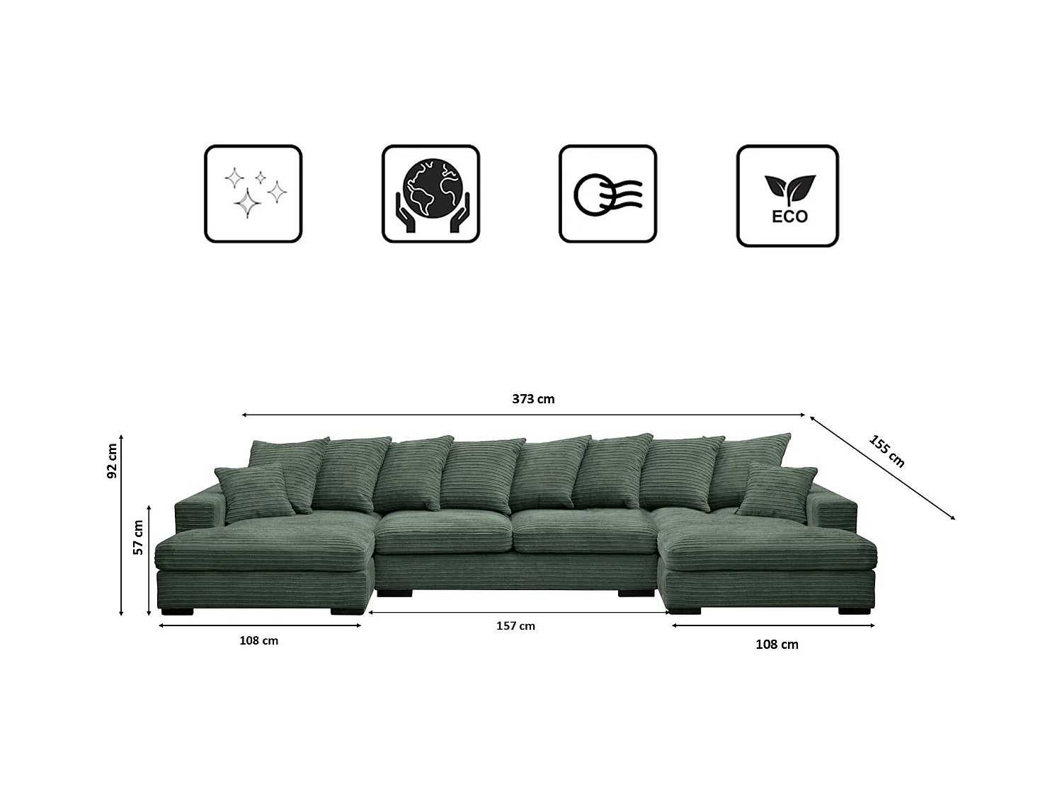 Canapé d'angle avec fonction couchage et coffre de lit, Canapé en U, Canapé en U tissu Gabon Zoom Vert