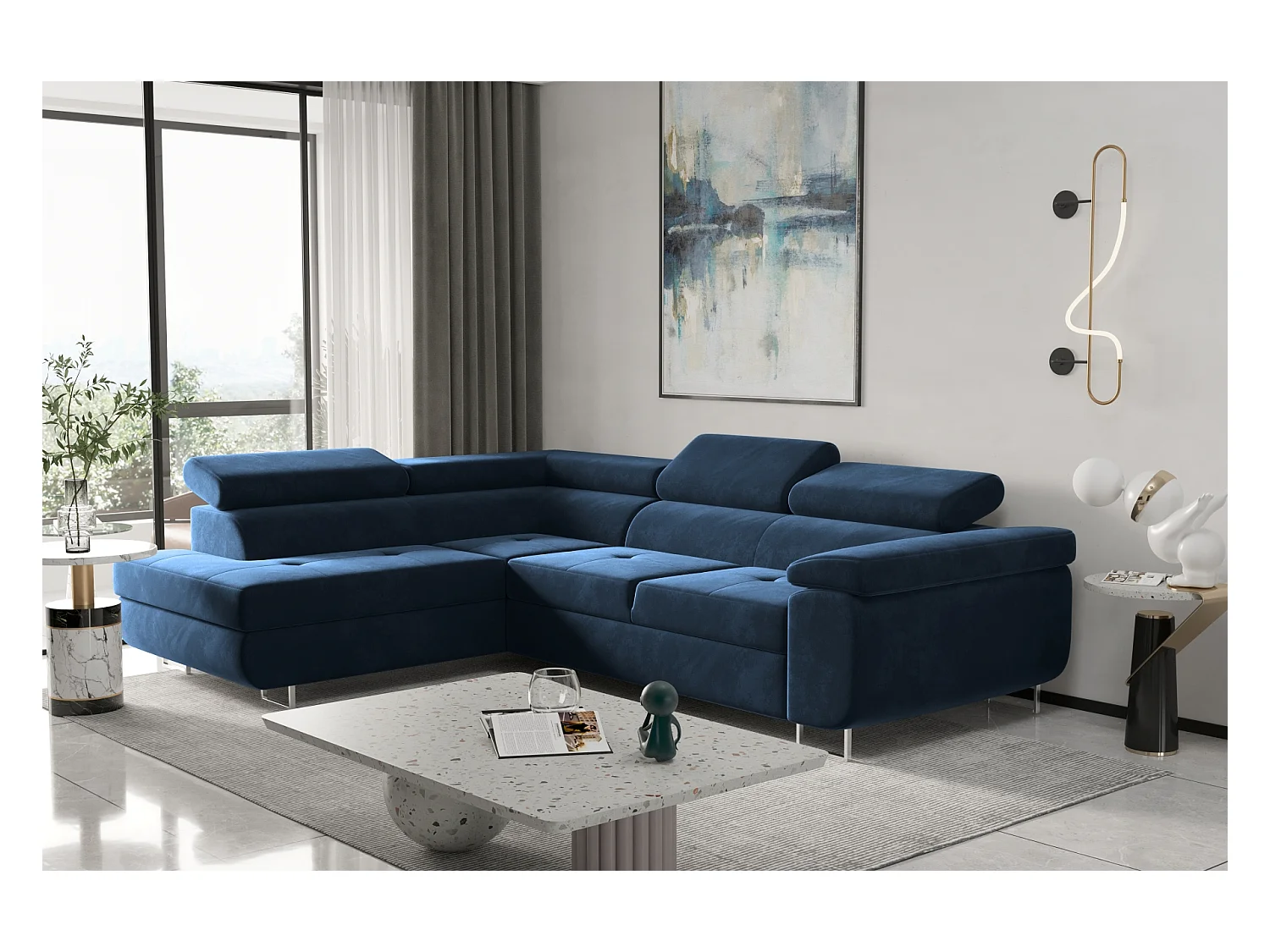 Canapé d'angle ATOM avec fonction couchage, tissu Monolith, bleu foncé, gauche