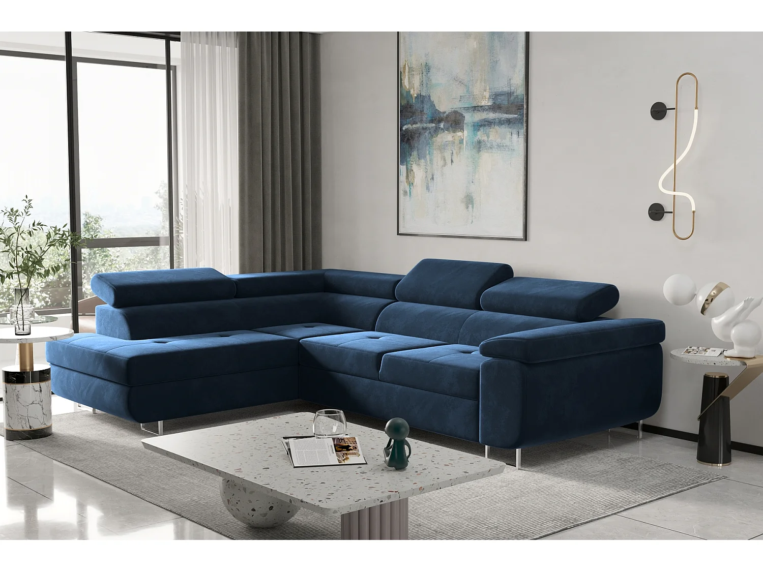 Canapé d'angle ATOM avec fonction couchage, tissu Monolith, bleu foncé, gauche
