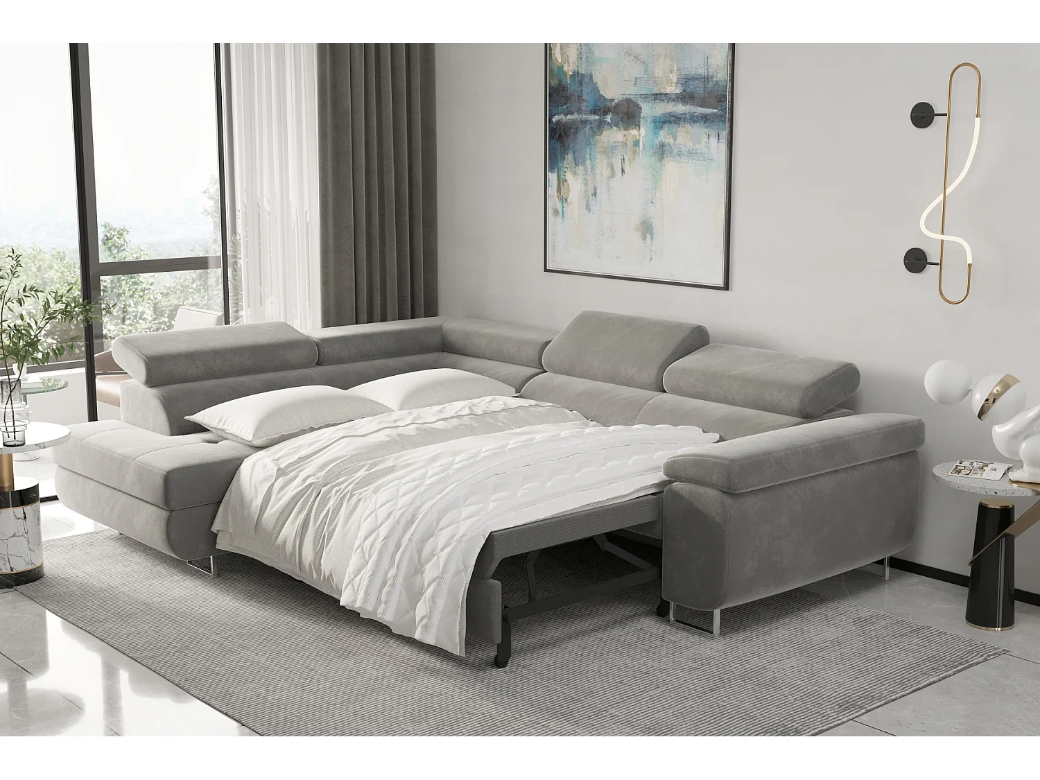 Canapé d'angle ATOM avec fonction couchage, tissu Monolith, bleu foncé, gauche