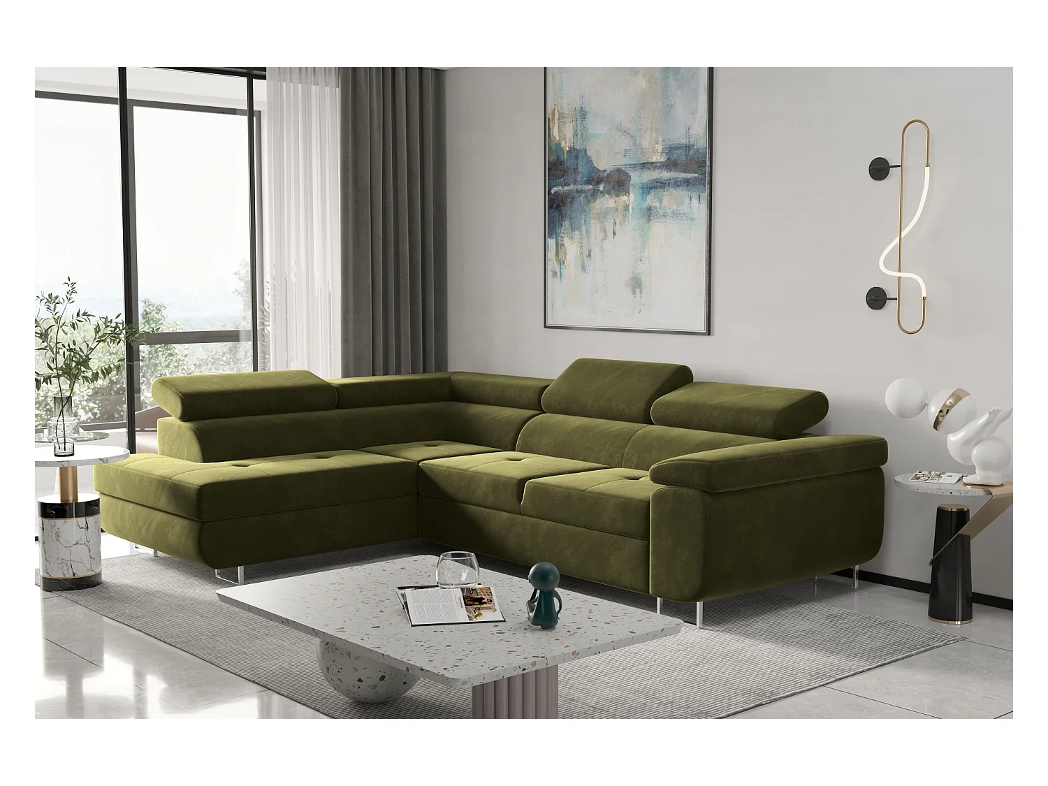 Canapé d'angle ATOM avec fonction couchage, tissu Monolith, olive, gauche