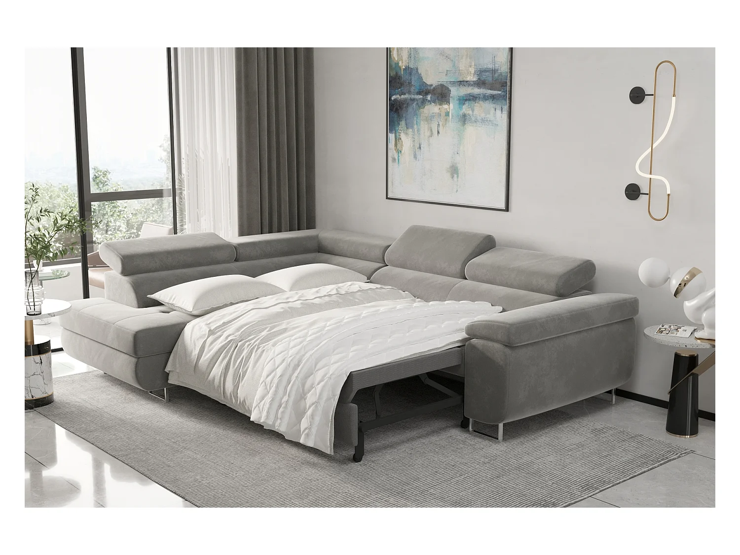 Canapé d'angle ATOM avec fonction couchage, tissu Monolith, olive, gauche