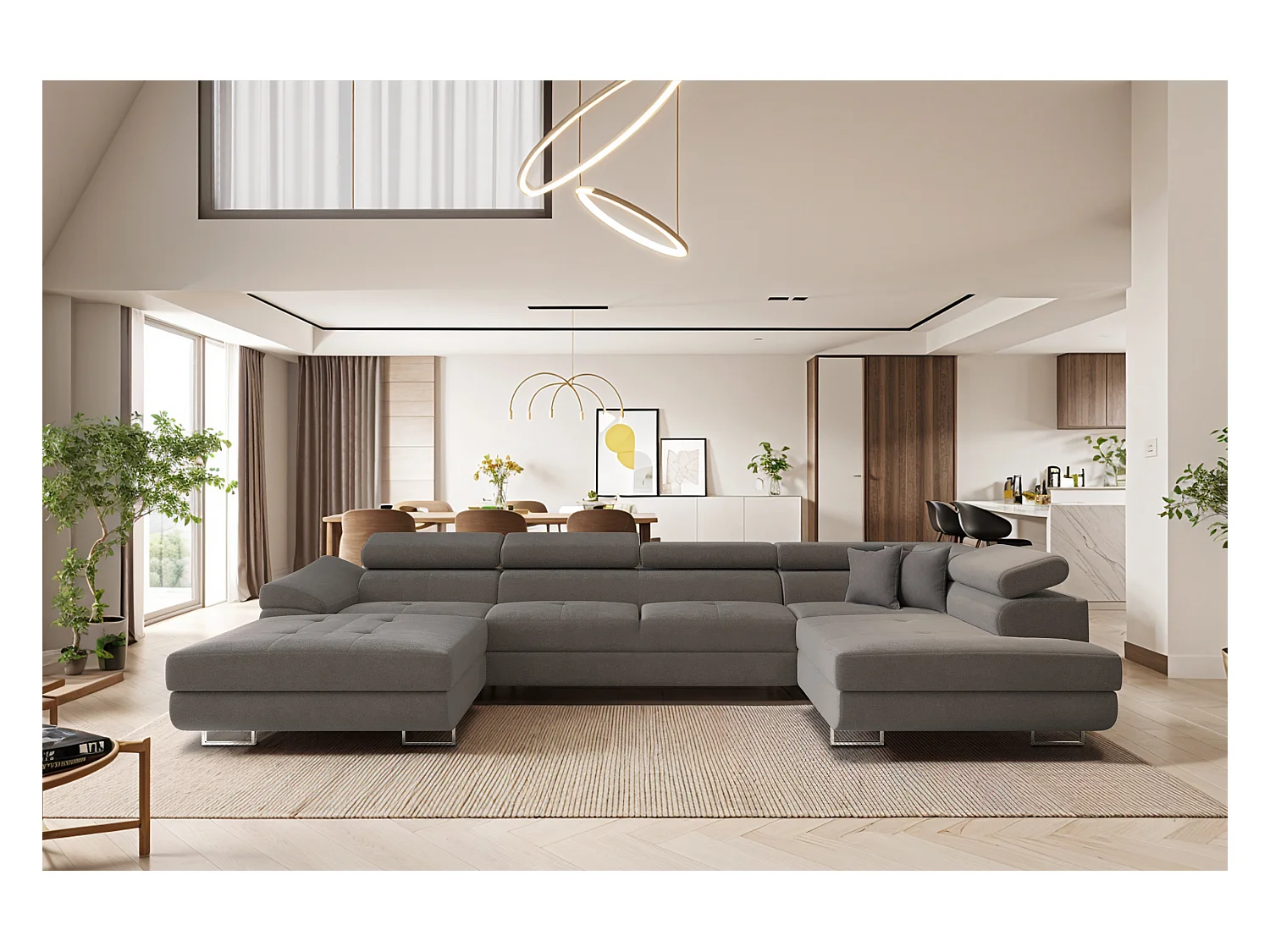 Canapé d'angle en U FALIO II avec fonction couchage, tissu Noel, gris, droit