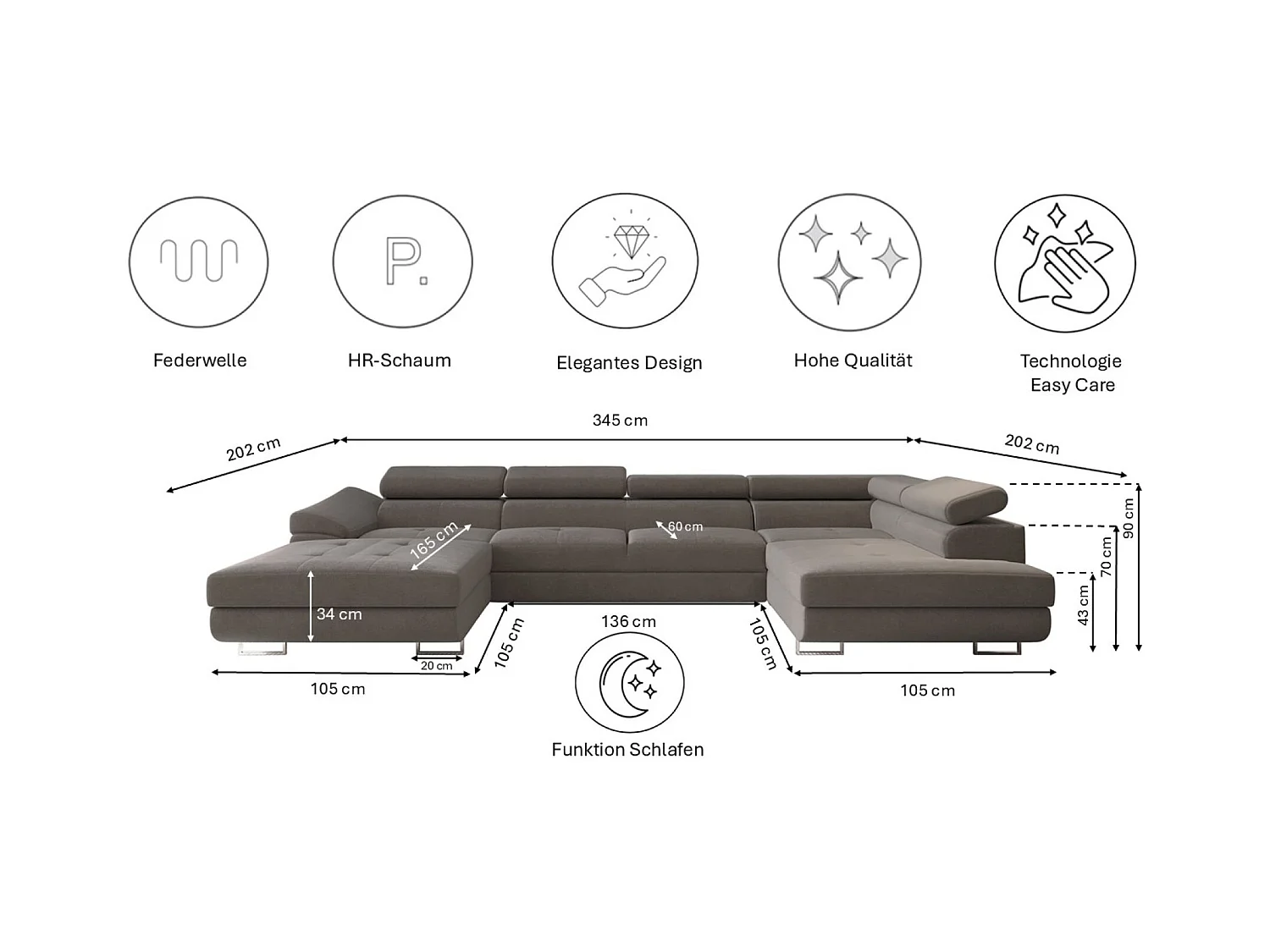 Canapé d'angle en U FALIO II avec fonction couchage, tissu Noel, gris, droit