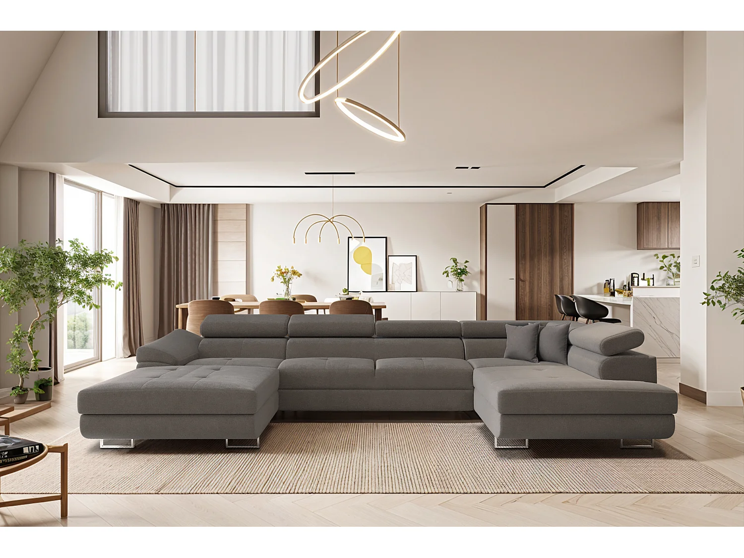 Canapé d'angle en U FALIO II avec fonction couchage, tissu Noel, gris, droit