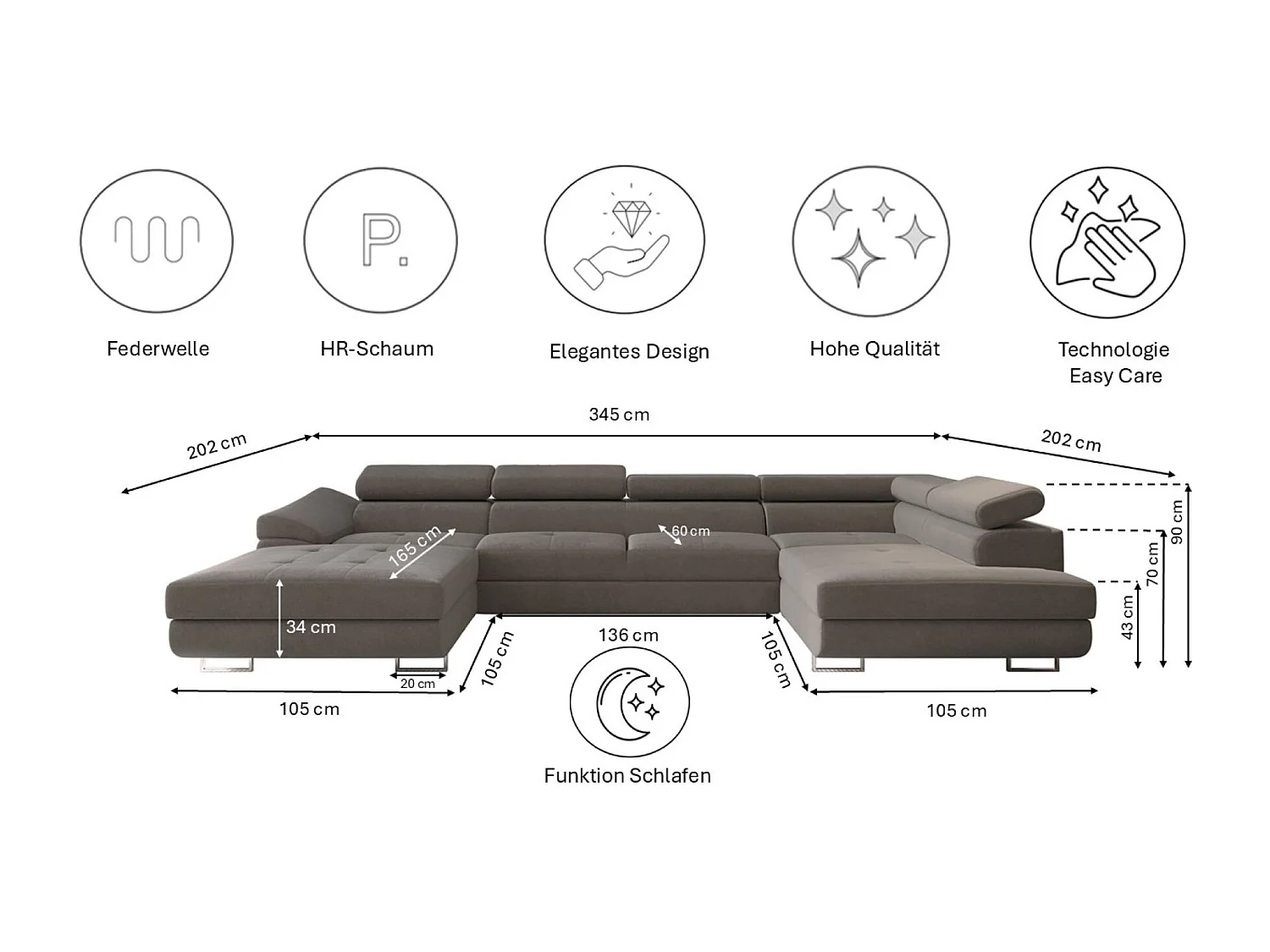 Canapé d'angle en U FALIO II avec fonction couchage, tissu Noel, gris, droit