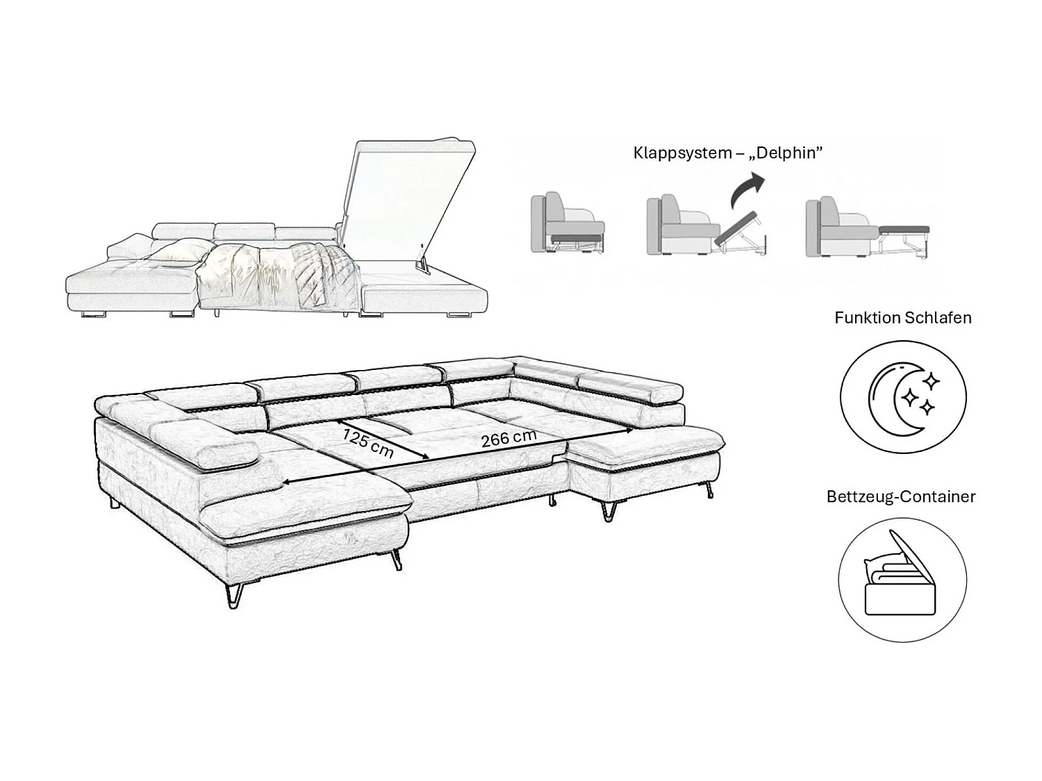 Canapé d'angle en U FALIO II avec fonction couchage, tissu Noel, gris, droit