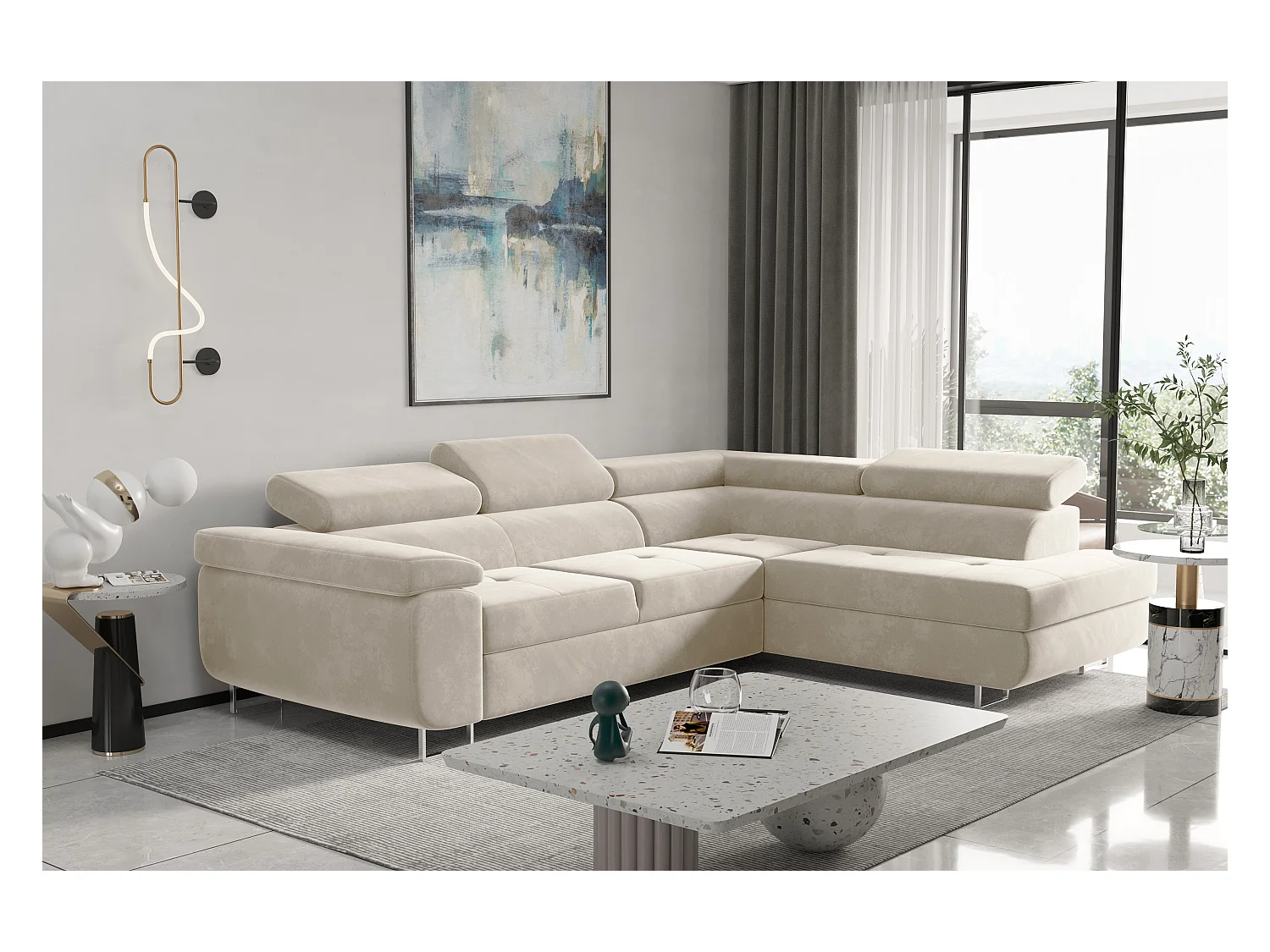 Canapé d'angle ATOM avec fonction couchage, tissu Monolith, écru, droit